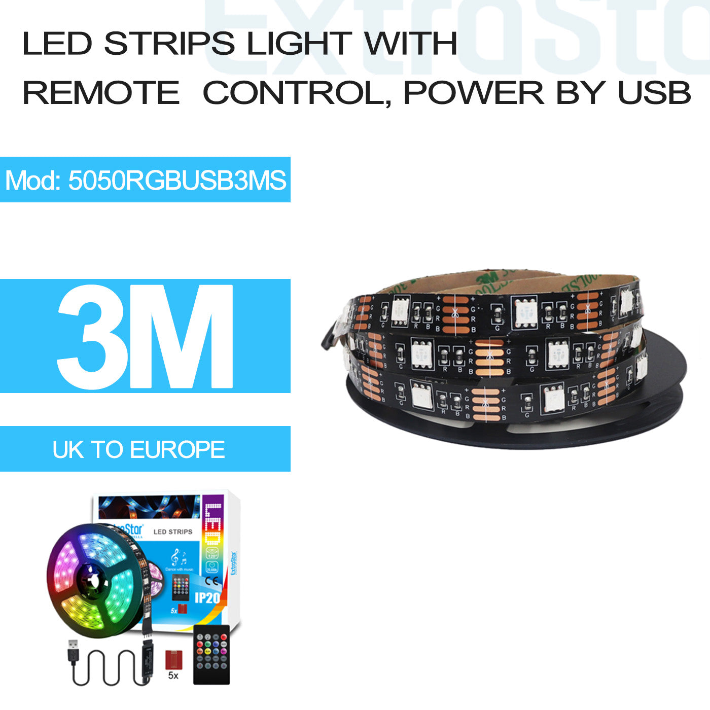 ExtraStar LED Strips Light with Remote Control, power by USB, 3M, Model: 5050RGBUSB3MS