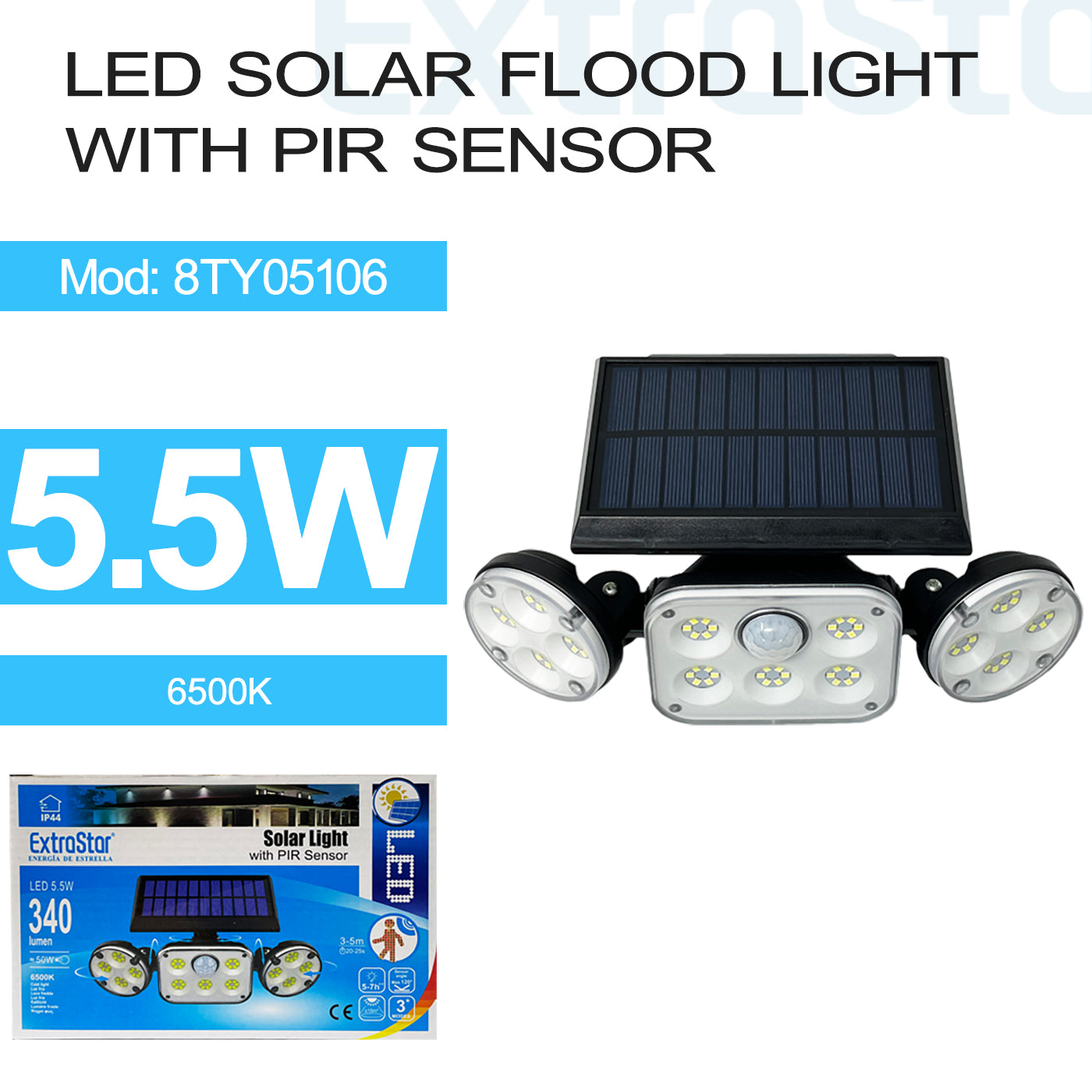 ExtraStar LED Solar Flood Light with PIR Sensor 5.5W, 6500K, Model: 8TY05106