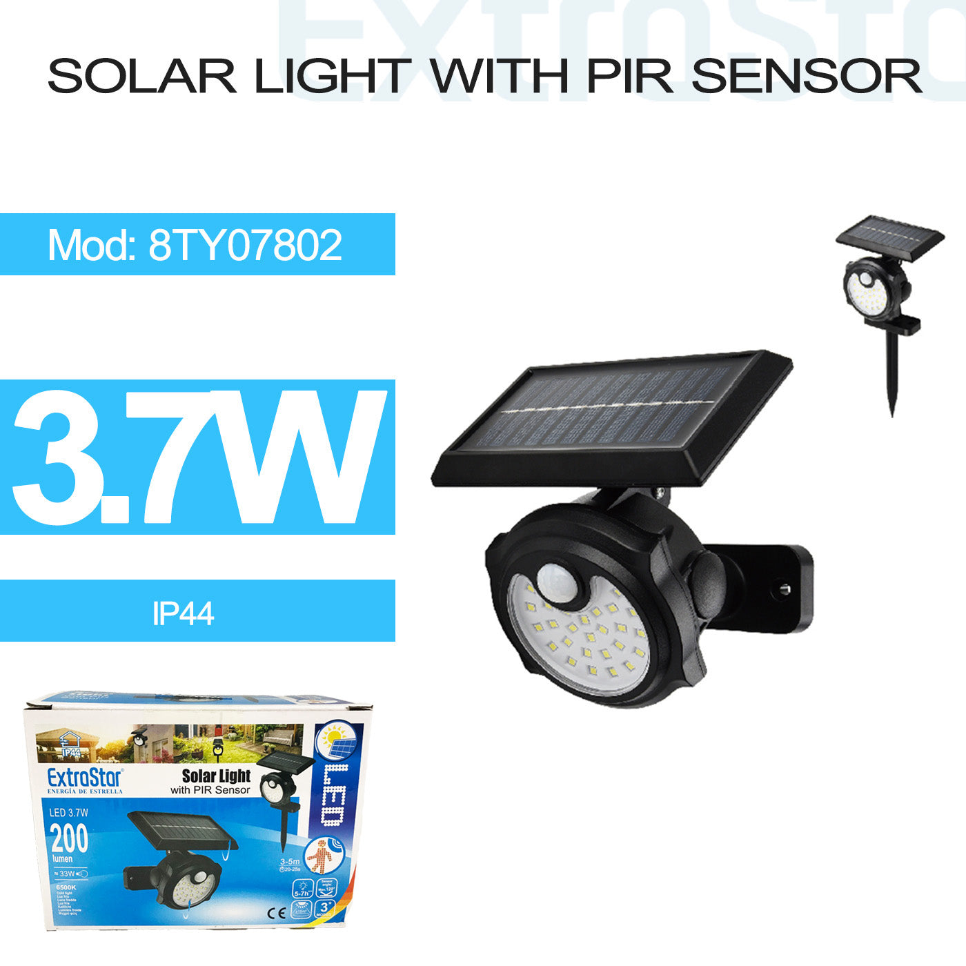 ExtraStar 3.7W Solar Light with PIR Sensor IP44, Model: 8TY07802