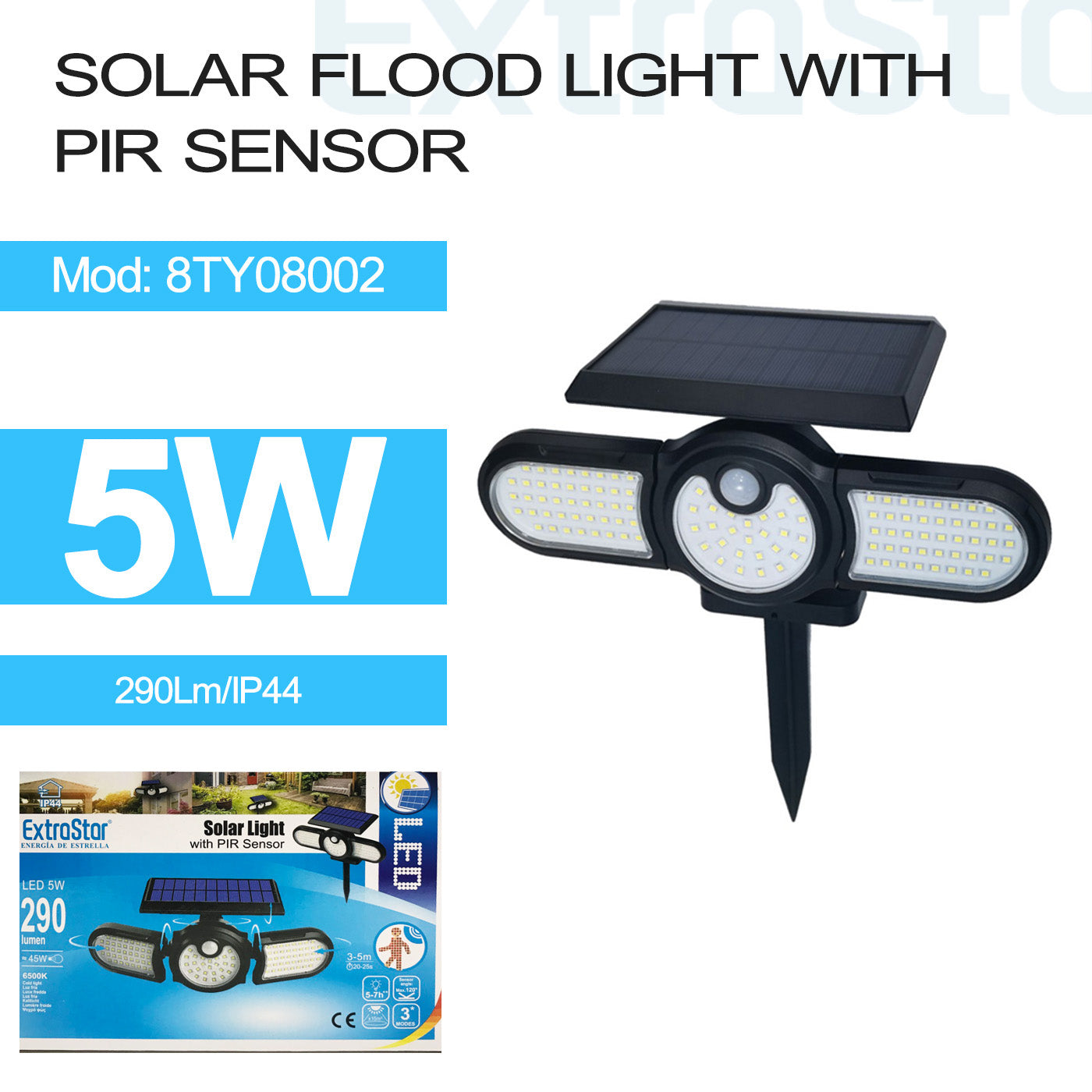 ExtraStar 5W Solar Flood Light with PIR Sensor 290LM IP44, Model: 8TY08002
