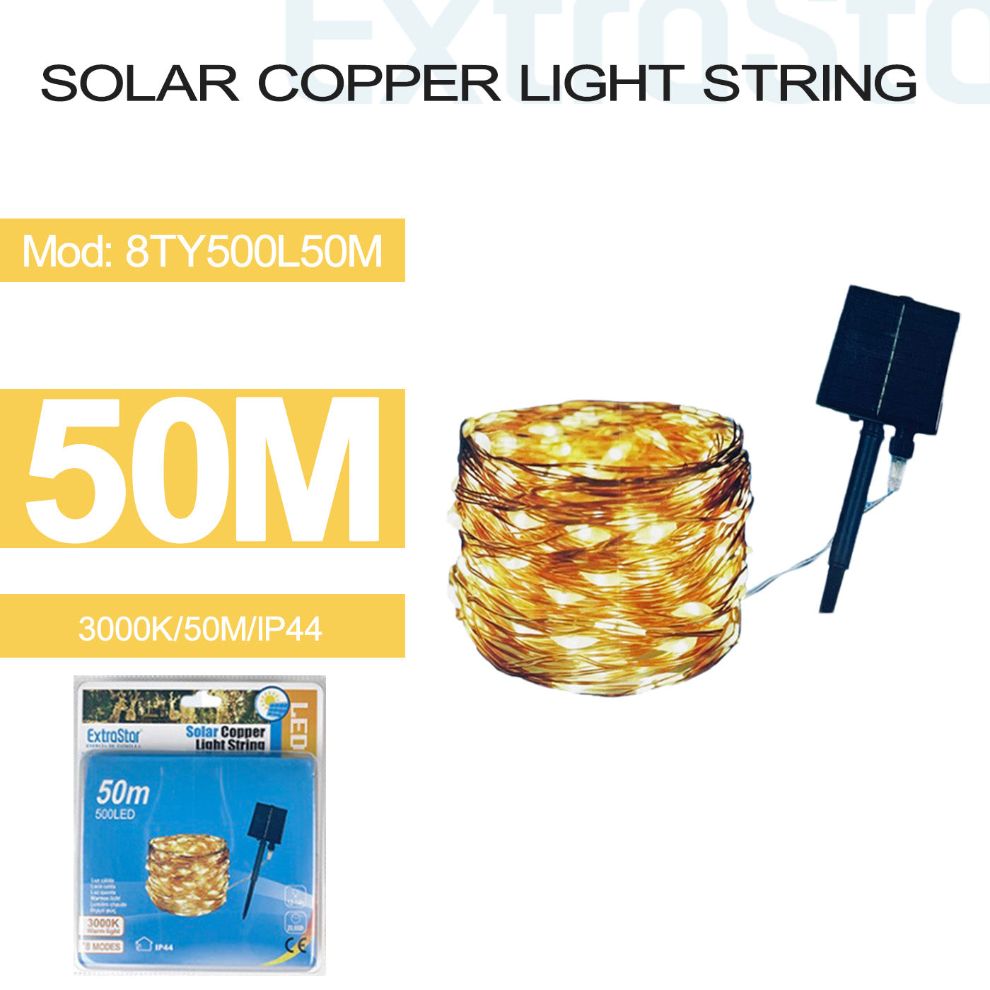 ExtraStar Solar Copper Light String 50M IP44, 3000K, Model: 8TY500L50M