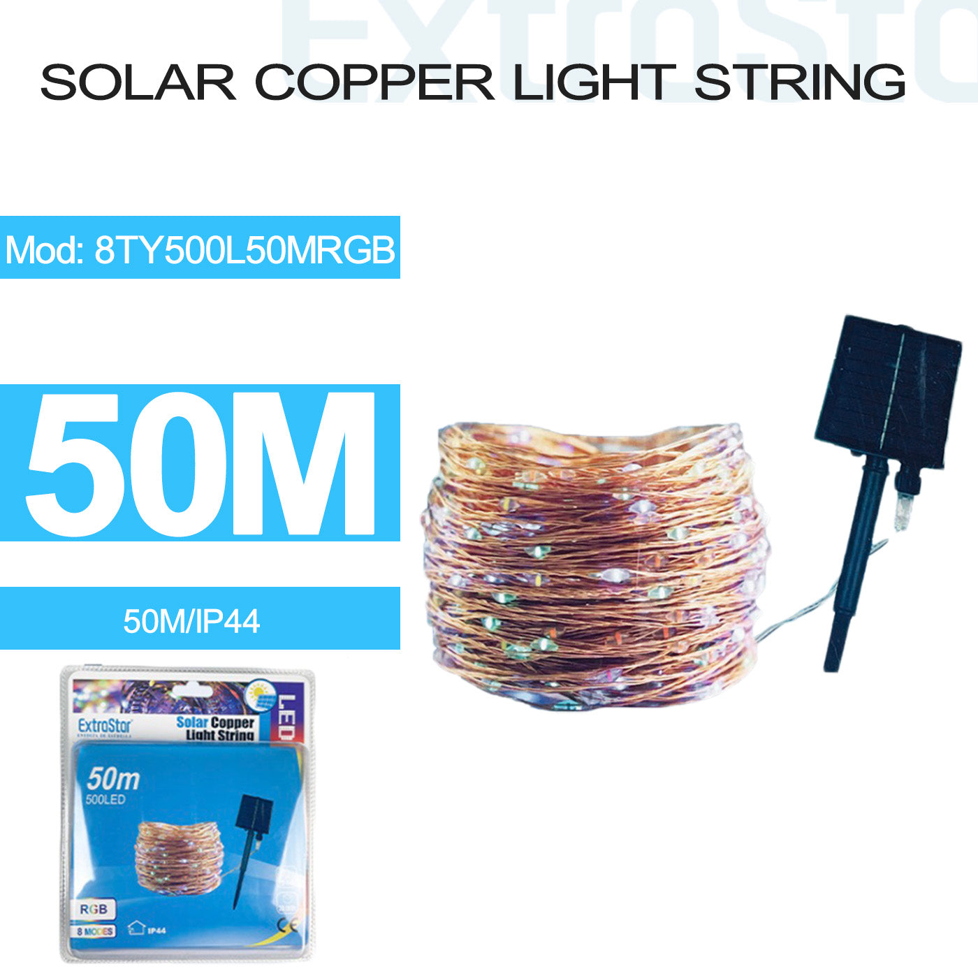 ExtraStar Solar Copper Light String 50M IP44, RGB, Model: 8TY500L50MRGB
