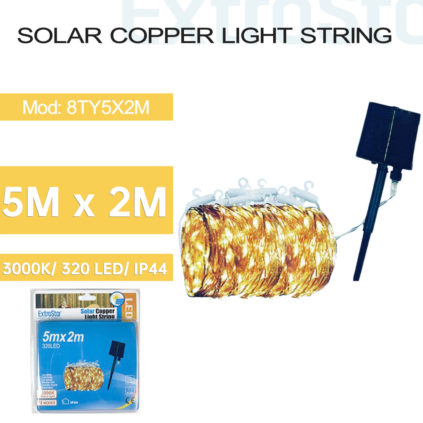 Solar Copper Light String 320LED 5Mx2M IP44, 3000K (8TY5X2M)