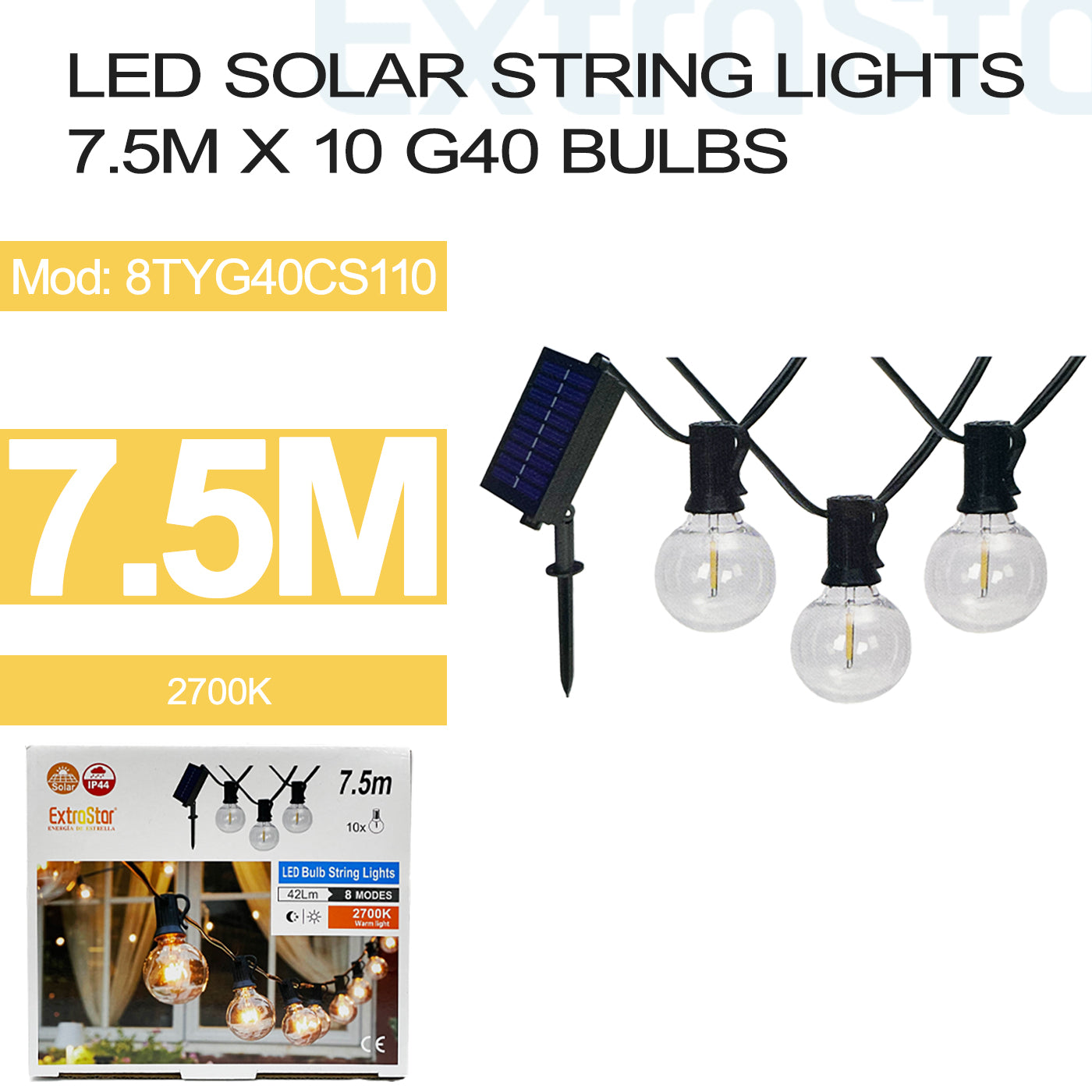 ExtraStar LED SOLAR STRING LIGHTS 7.5M X 10 G40 BULBS 2700K, Model: 8TYG40CS110