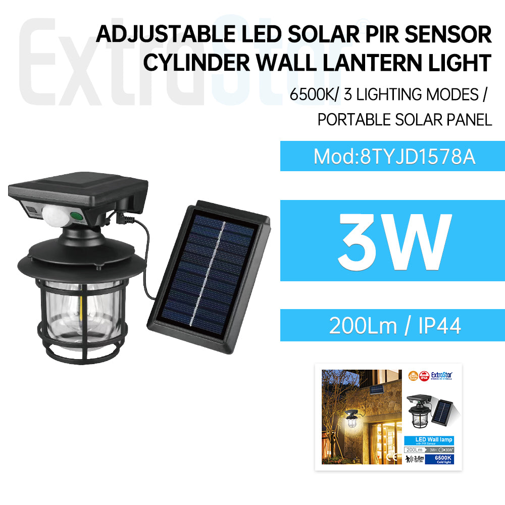 3W Adjustable LED Solar PIR Sensor Cylinder Wall Lantern Light, 3 Lighting Modes, 6500K Daylight, Portable Solar Panel (8TYJD1578A)