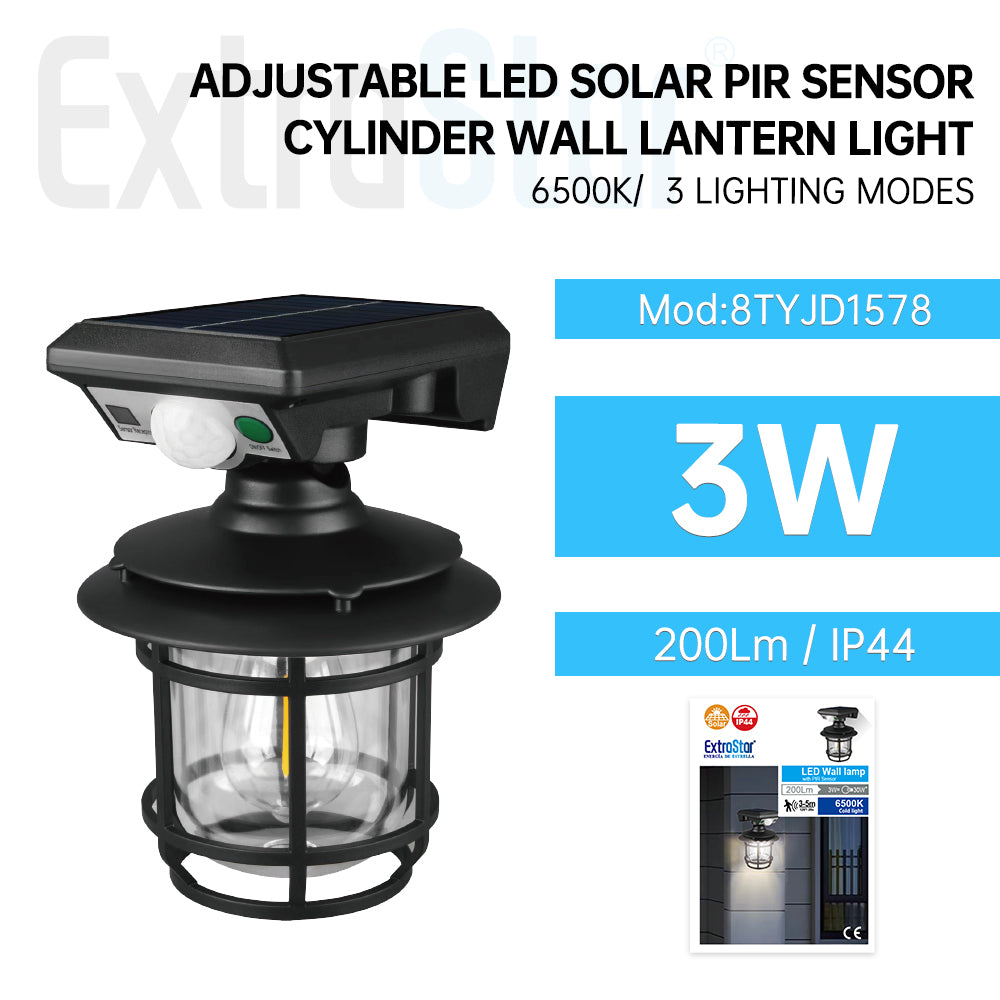 3W Adjustable LED Solar PIR Sensor Cylinder Wall Lantern Light, 3 Lighting Modes, 6500K Daylight (8TYJD1578)