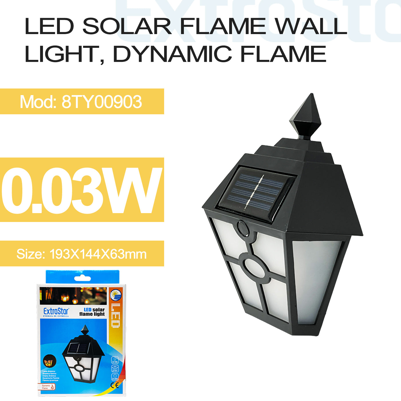 ExtraStarLED Solar Flame Wall Light, Dynamic Flame, Model: 8TYJG00903