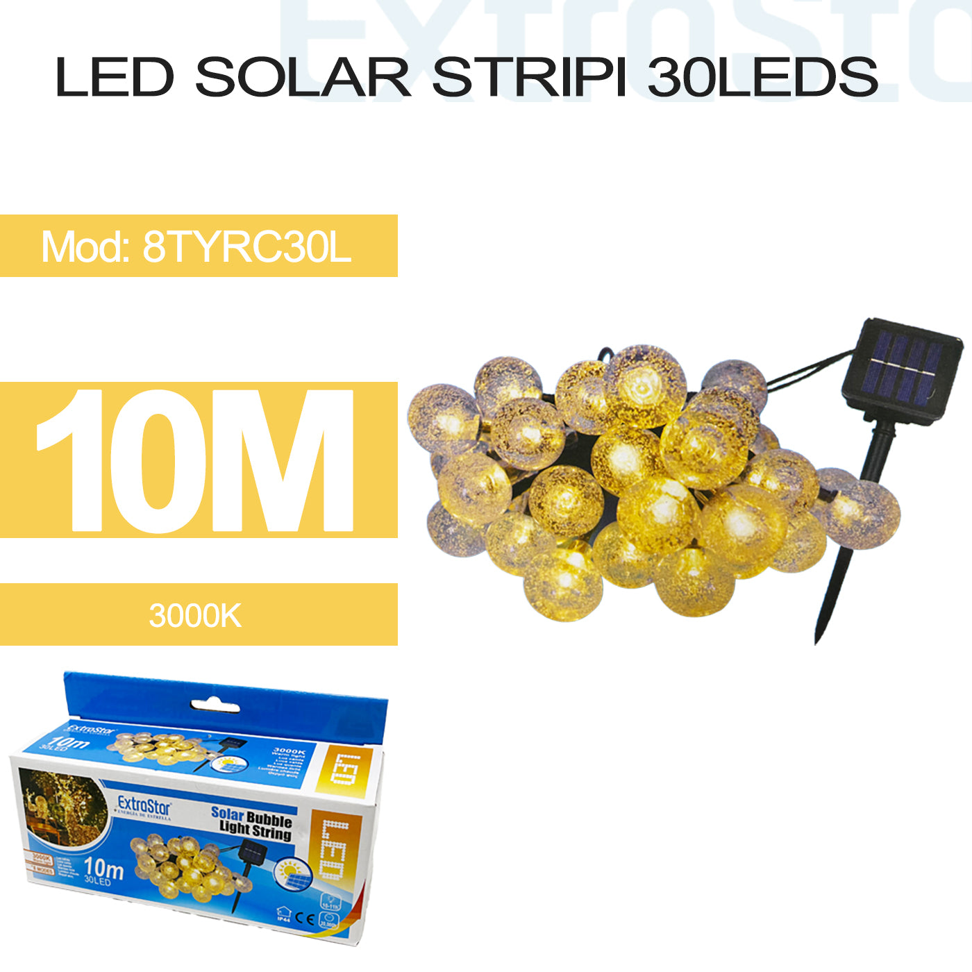 ExtraStar LED Solar Stripi 30LEDs, 10M 3000k, Model: 8TYRC30L