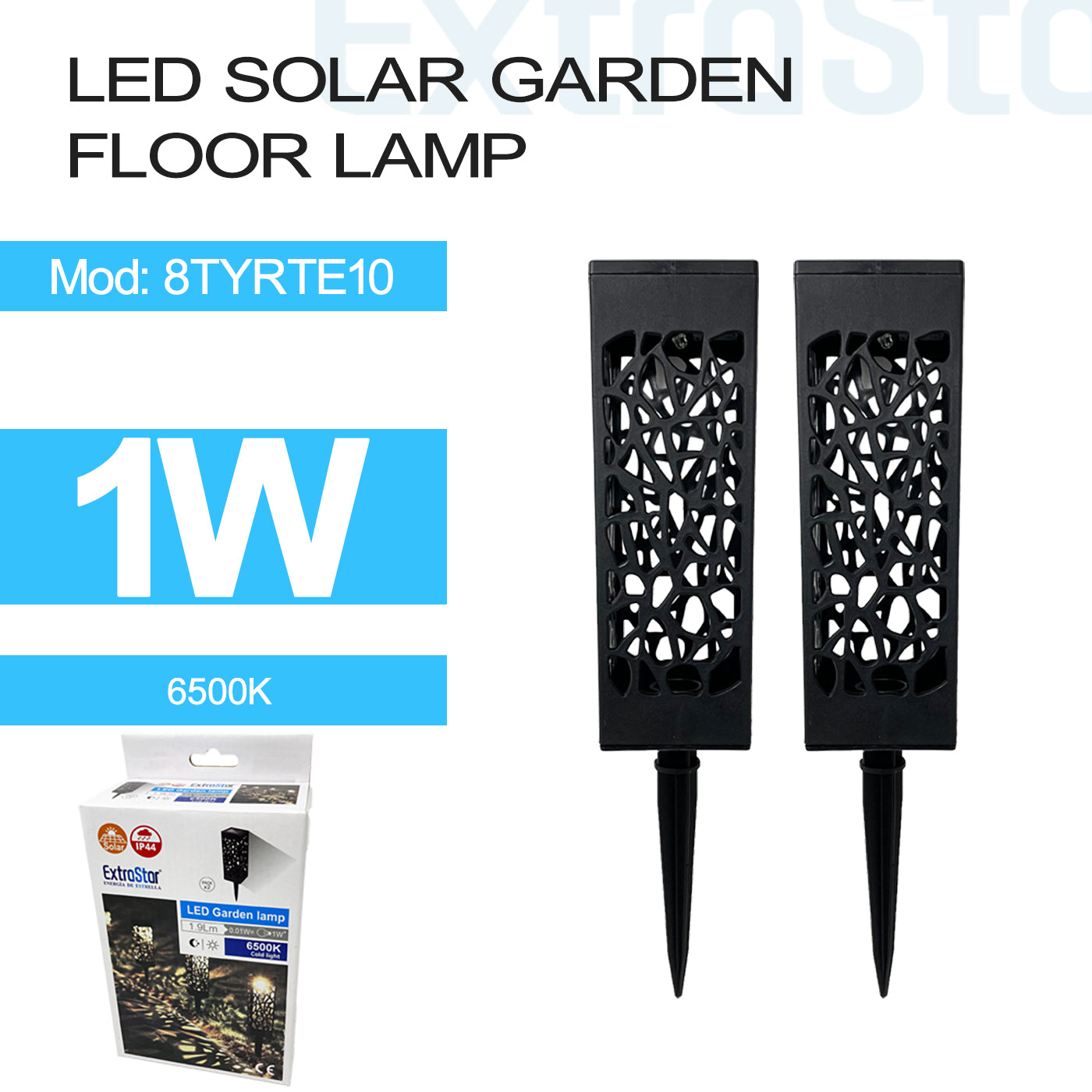 ExtraStar LED Solar Garden Floor Lamp 6500K, Pack of 2, Model: 8TYRTE10