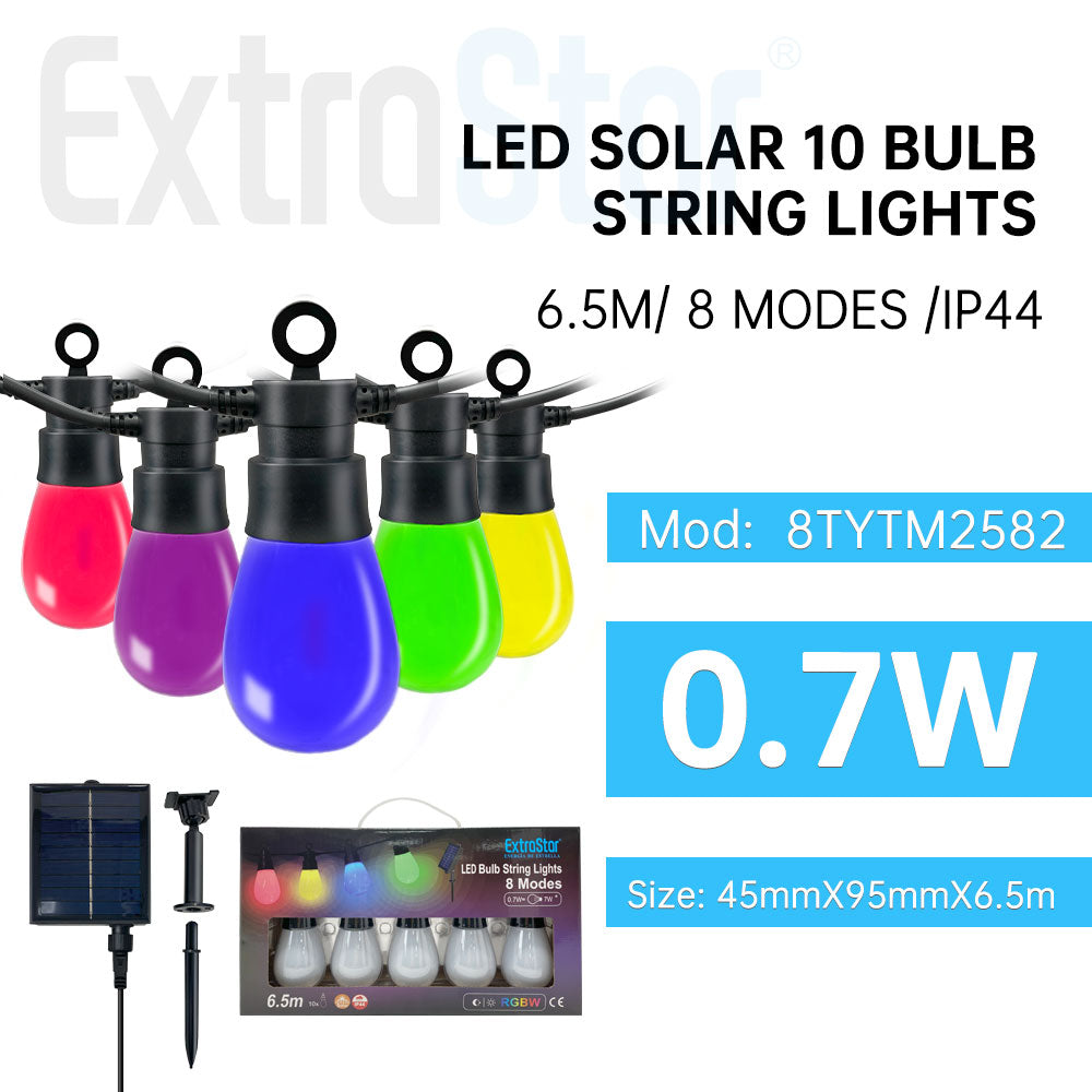 ExtraStar LED Solar Bulb String Lights, 6.5m, 10 bulbs, 8 modes RGBW, IP44, Model: 8TYTM2582