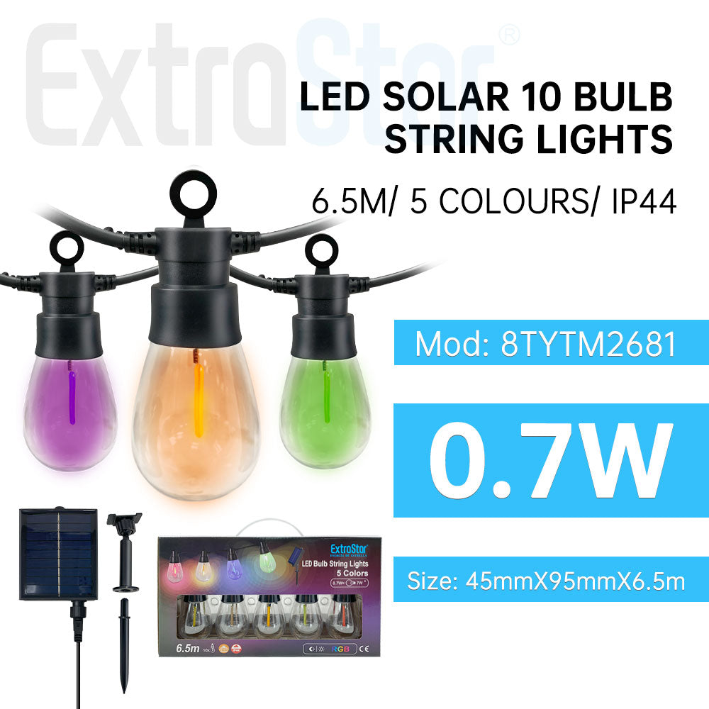 ExtraStar LED Solar Bulb String Lights, 6.5m, 10 bulbs, RGB, Model: 8TYTM2681