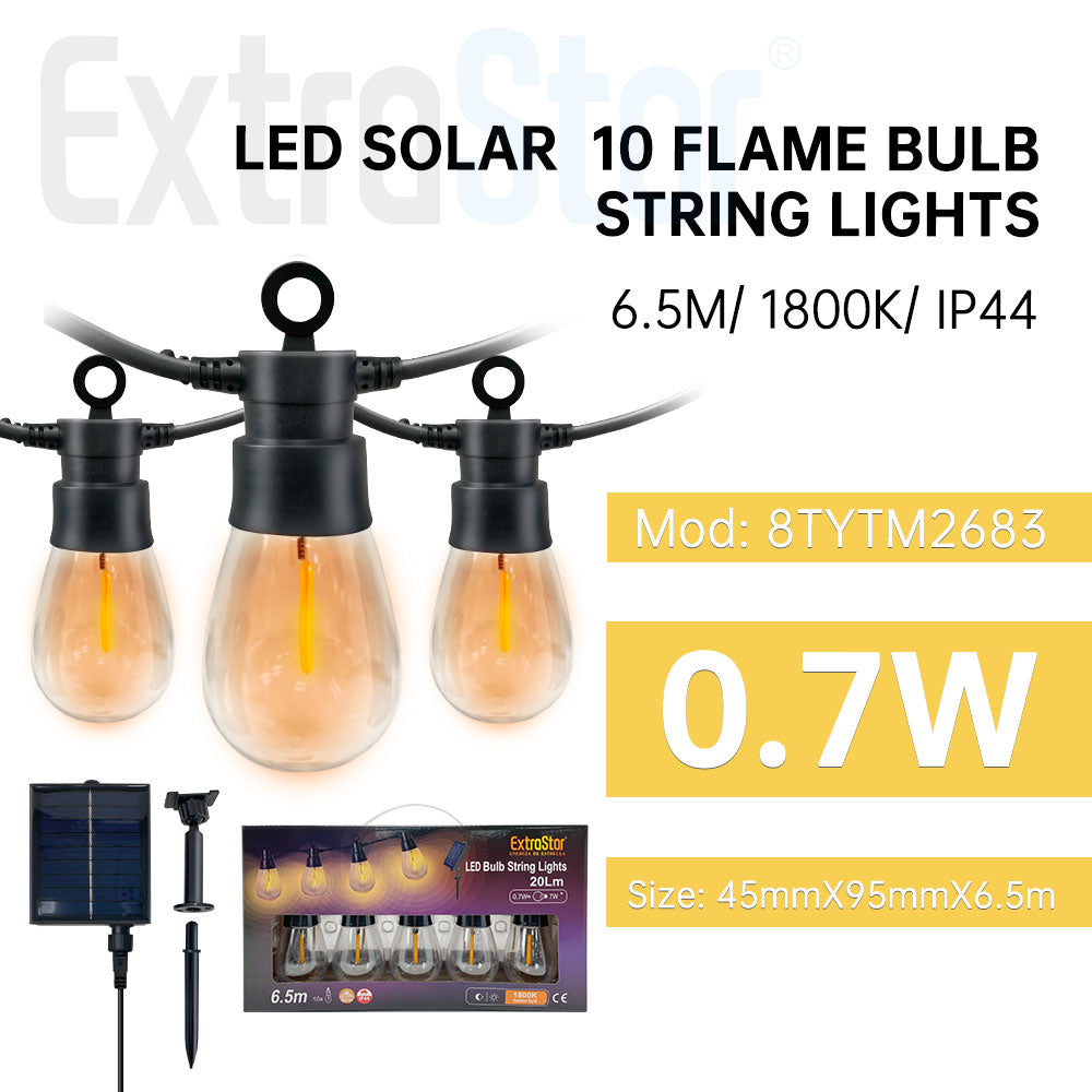 ExtraStar LED Solar Bulb String Lights, 6.5m, 10 bulbs, warm glow, 1800K, Model: 8TYTM2683