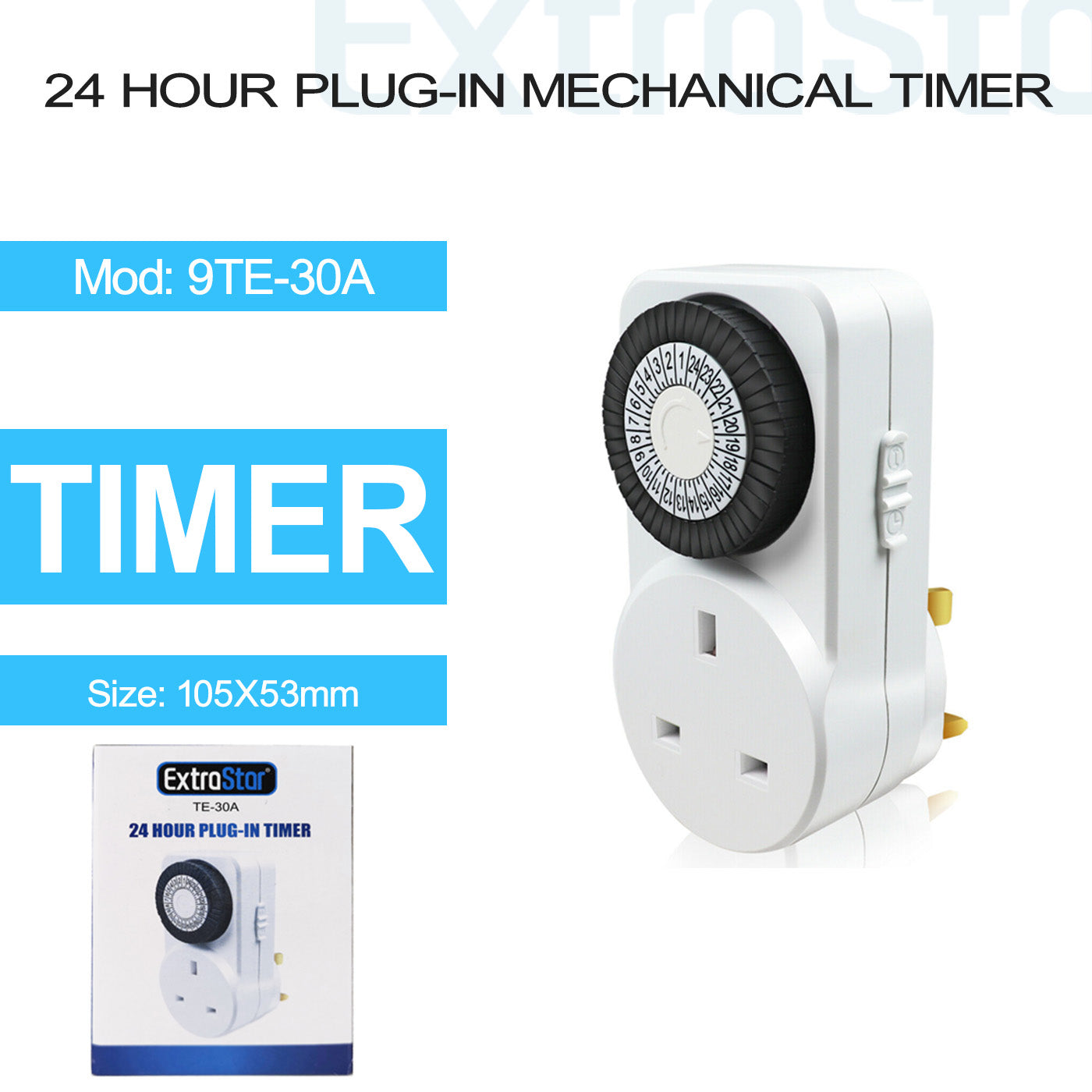 ExtraStar 24 Hour Plug-in Mechanical Timer, White, Model: 9TE-30A