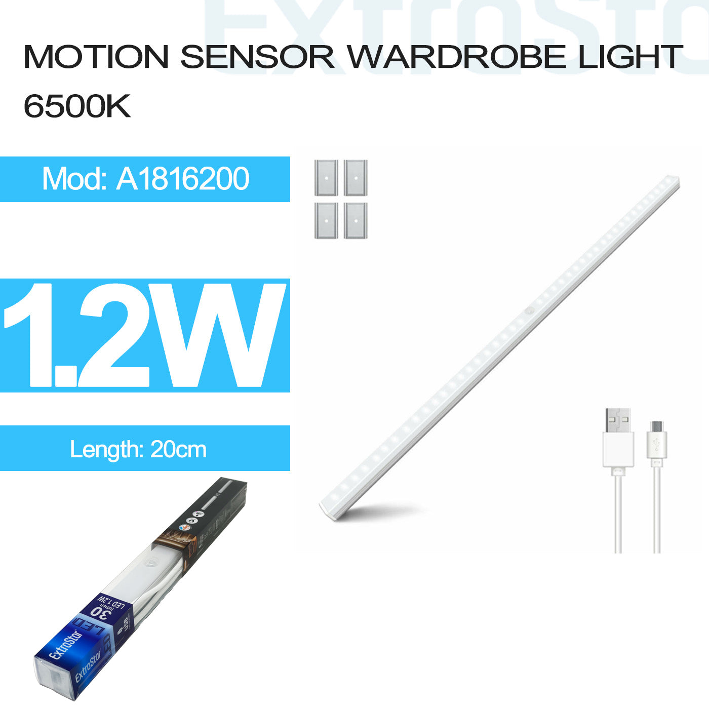 ExtraStar 1.2W Smart Sensor Wardrobe Light, USB Rechargable, 6500K, 20cm, Model: A1816200