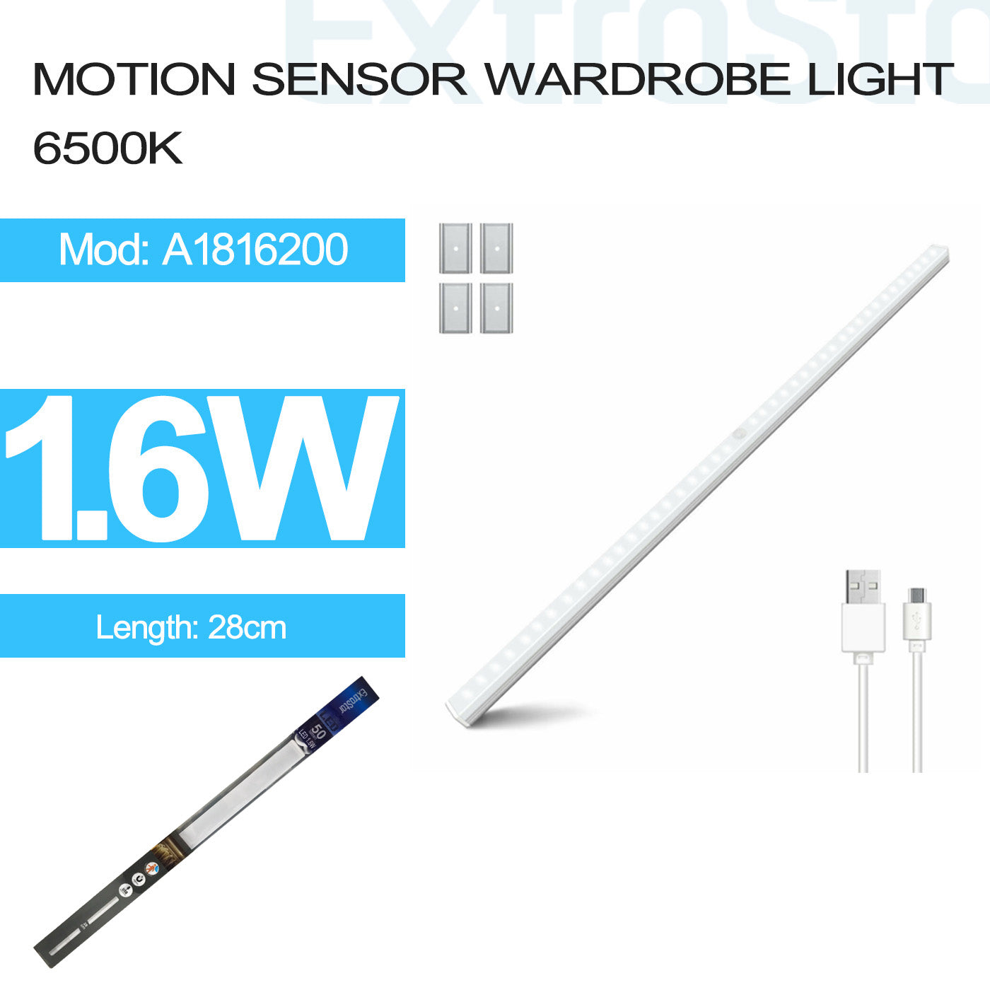 1.6W Smart Sensor Wardrobe Light, USB Rechargable, 6500K, 28cm, Model: A1816280