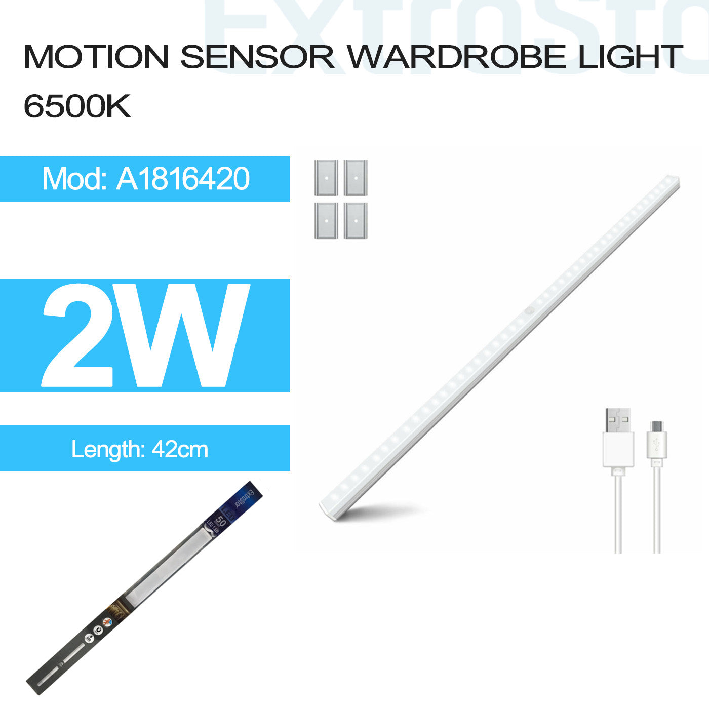 ExtraStar 2W Smart Sensor Wardrobe Light, USB Rechargable, 6500K, 42cm, Model: A1816420