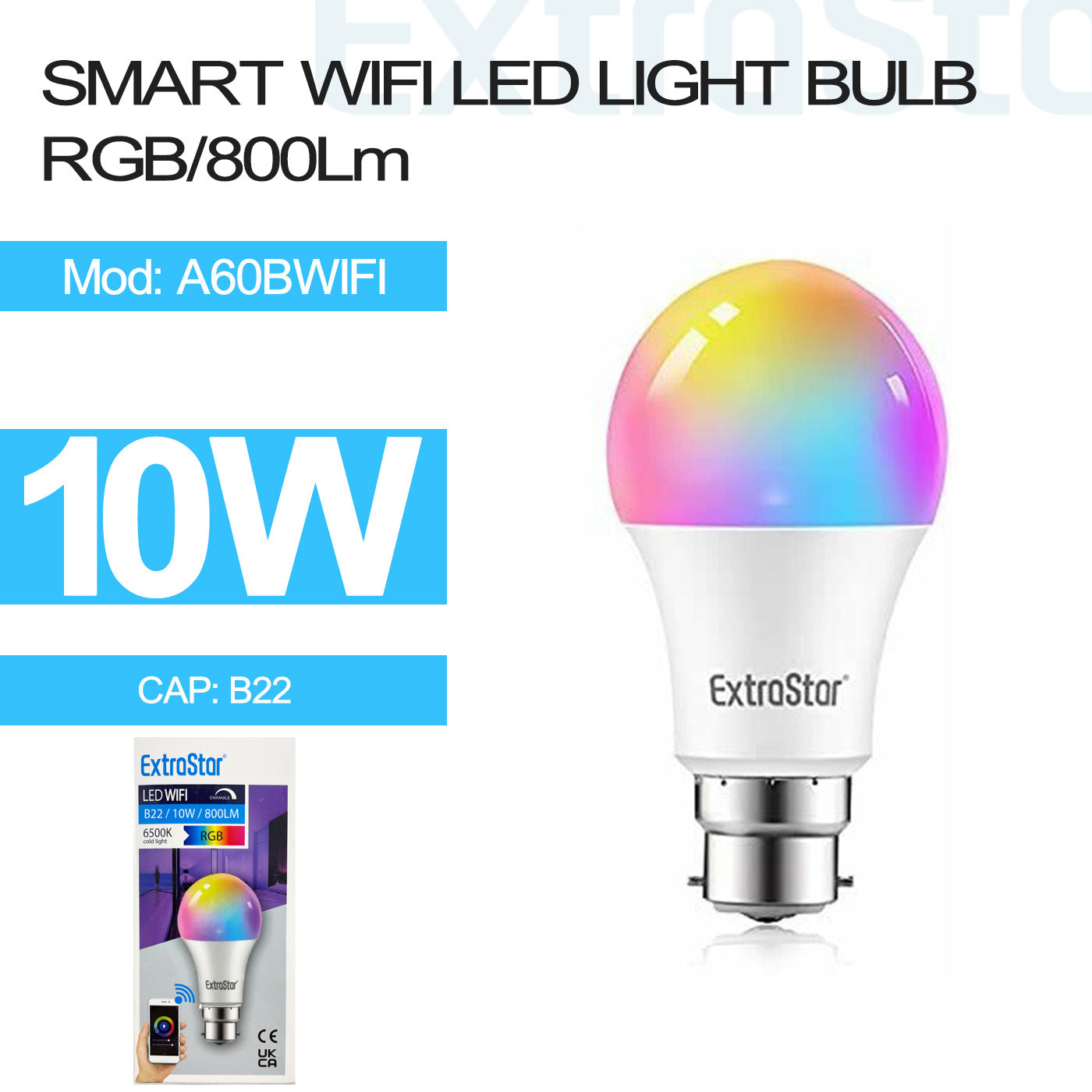 ExtraStar 10W B22 RGB LED Light Bulb, Model: A60BWIFI