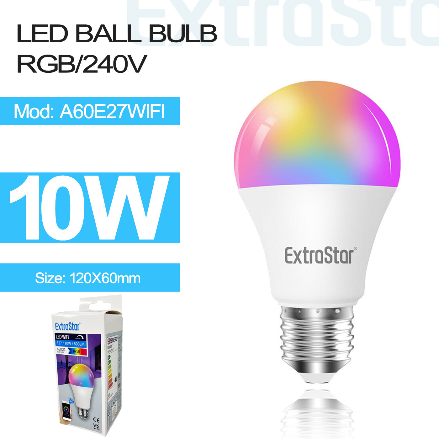 ExtraStar 10W LED WIFI RGB Bulb, E27 Android/IOS, Model: A60E27WIFI