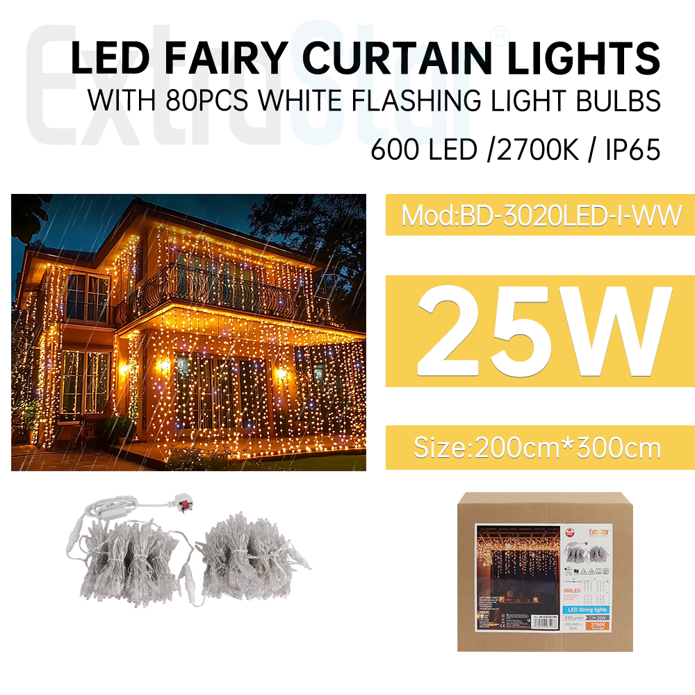 LED Fairy Curtain Lights 2m x 3m, 600LEDs , 2700K, with 80pcs white flashing light bulbs (ABD-3020LED-I-WW)