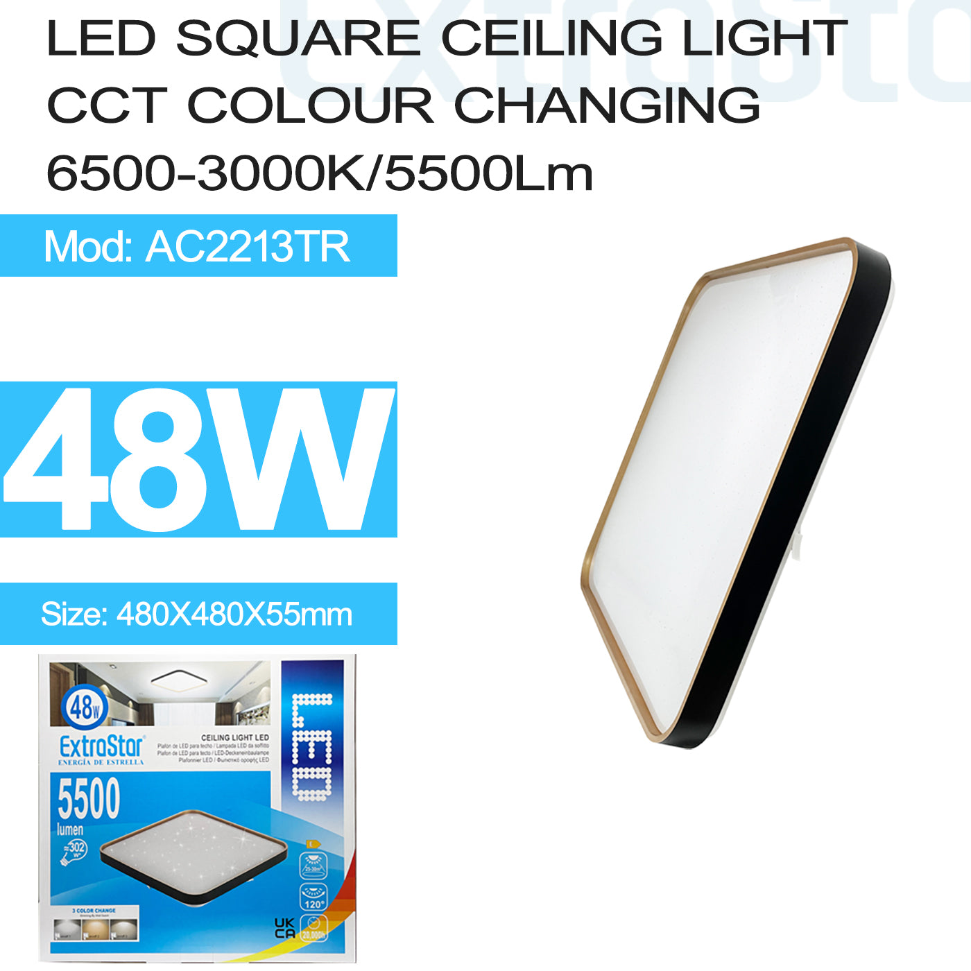 ExtraStar 48W LED Square Ceiling Light CCT Color Changing 6500K-3000K 3 in 1, 5500 Lumen, Black Edge, Model: AC2213TR