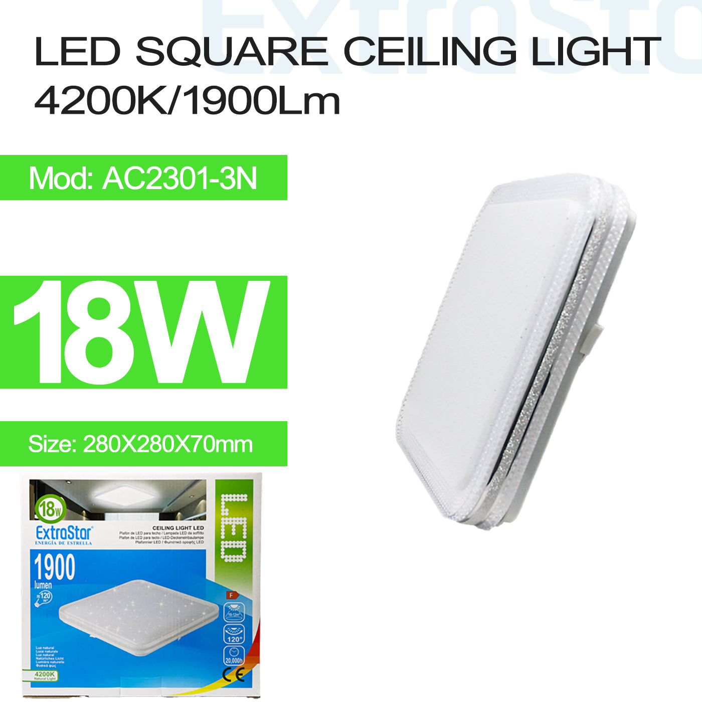 ExtraStar 18W LED Square Ceiling Light 4200K, 1900 Lumen, Model: AC2301-3N