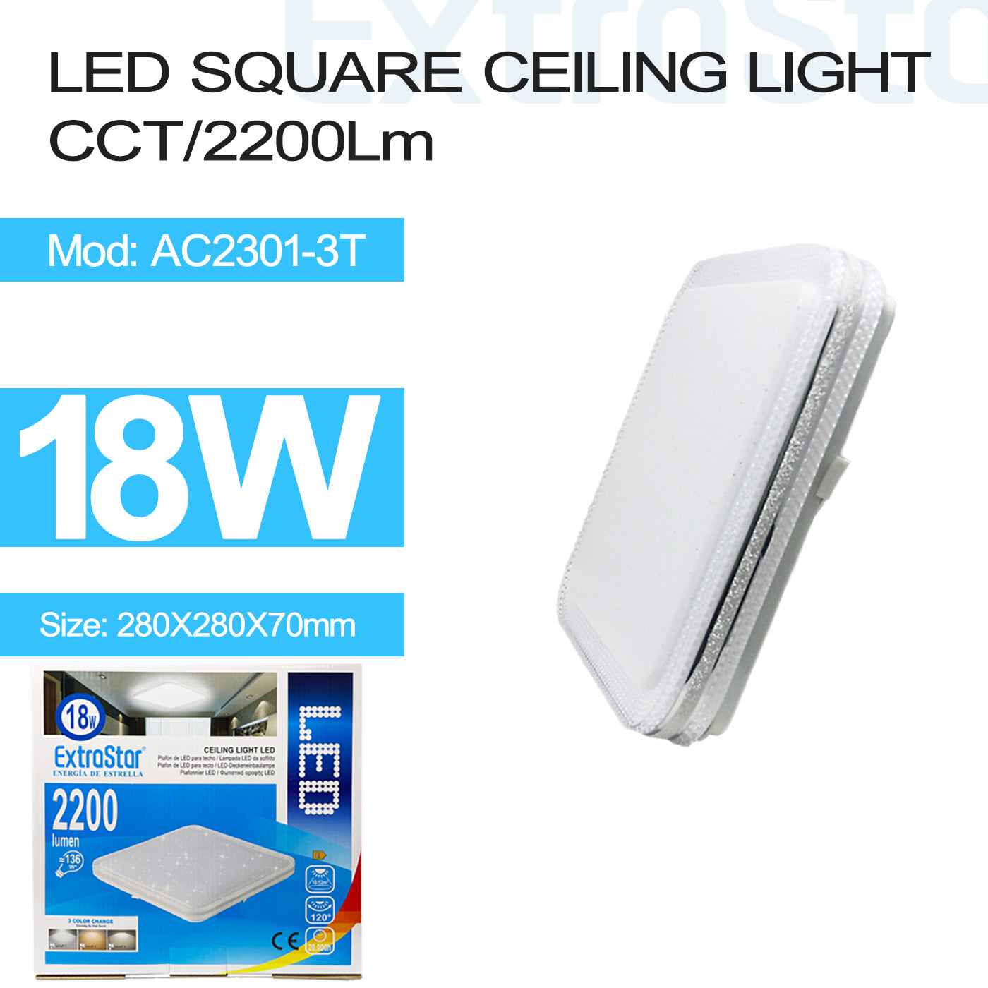 ExtraStar 18W LED Square Ceiling Light CCT, 2200 Lumen, Model: AC2301-3T