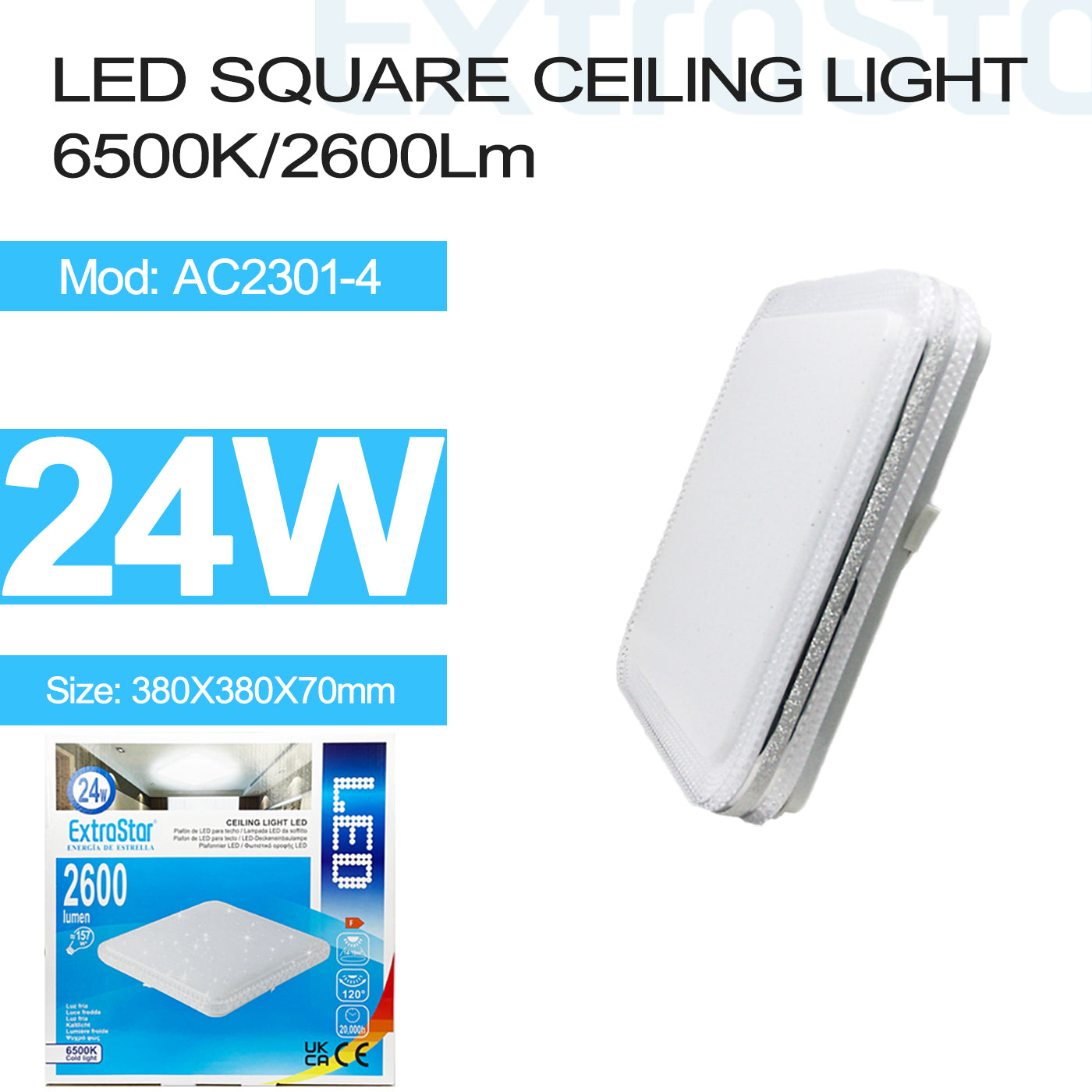 ExtraStar 24W LED Square Ceiling Light 6500K, 2600 Lumen, Model AC2301-4
