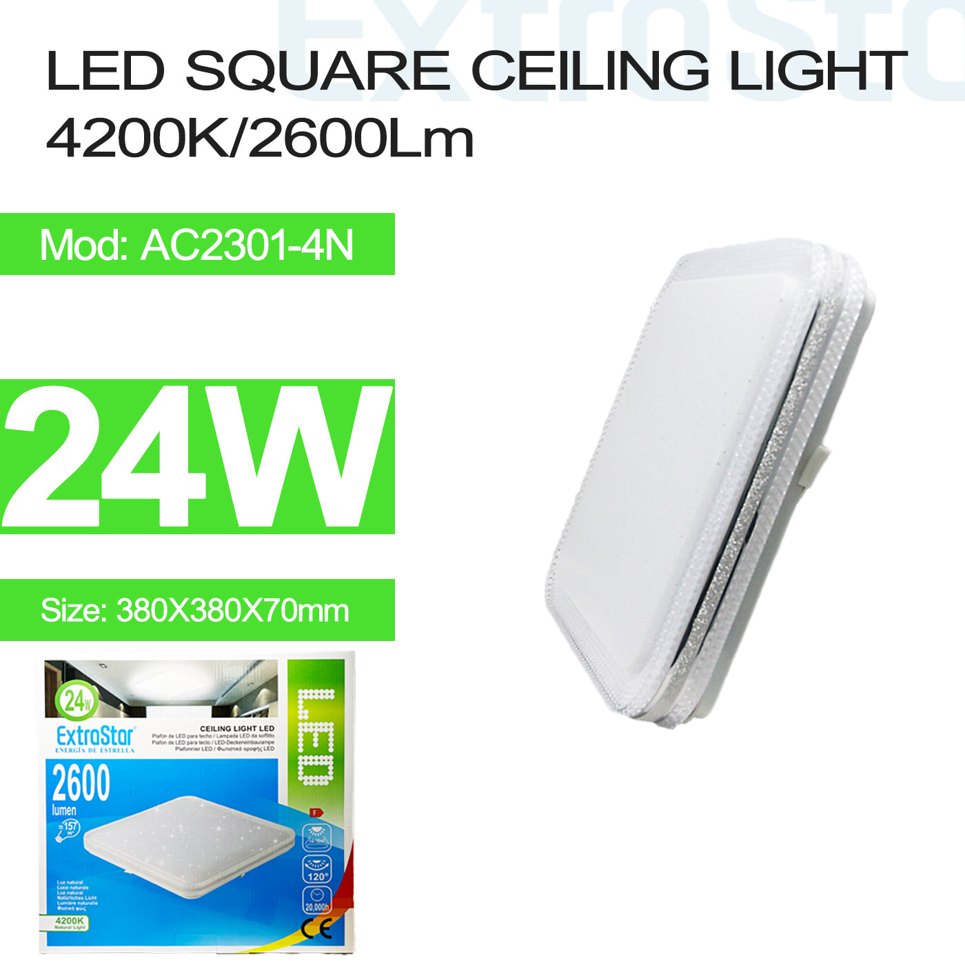 ExtraStar 24W LED Square Ceiling Light 4200K, 2600 Lumen, Model: AC2301-4N