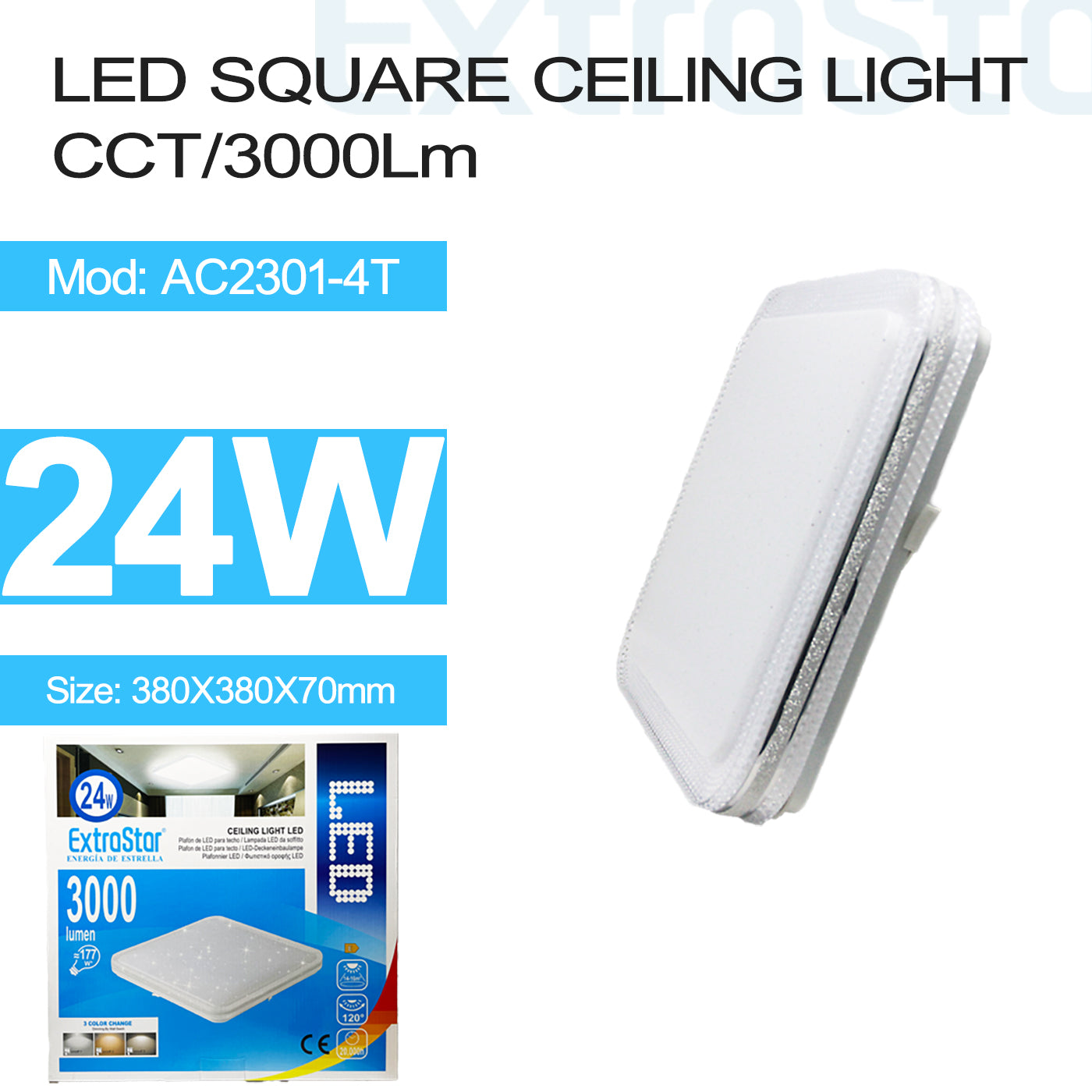 ExtraStar 24W LED Square Ceiling Light CCT, 3000 Lumen, Model: AC2301-4T, 380X380X70mm, acrylic crystal edge
