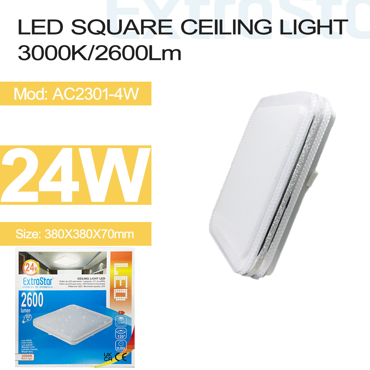 ExtraStar 24W LED Square Ceiling Light 3000K, 2600 Lumen, Model: AC2301-4W
