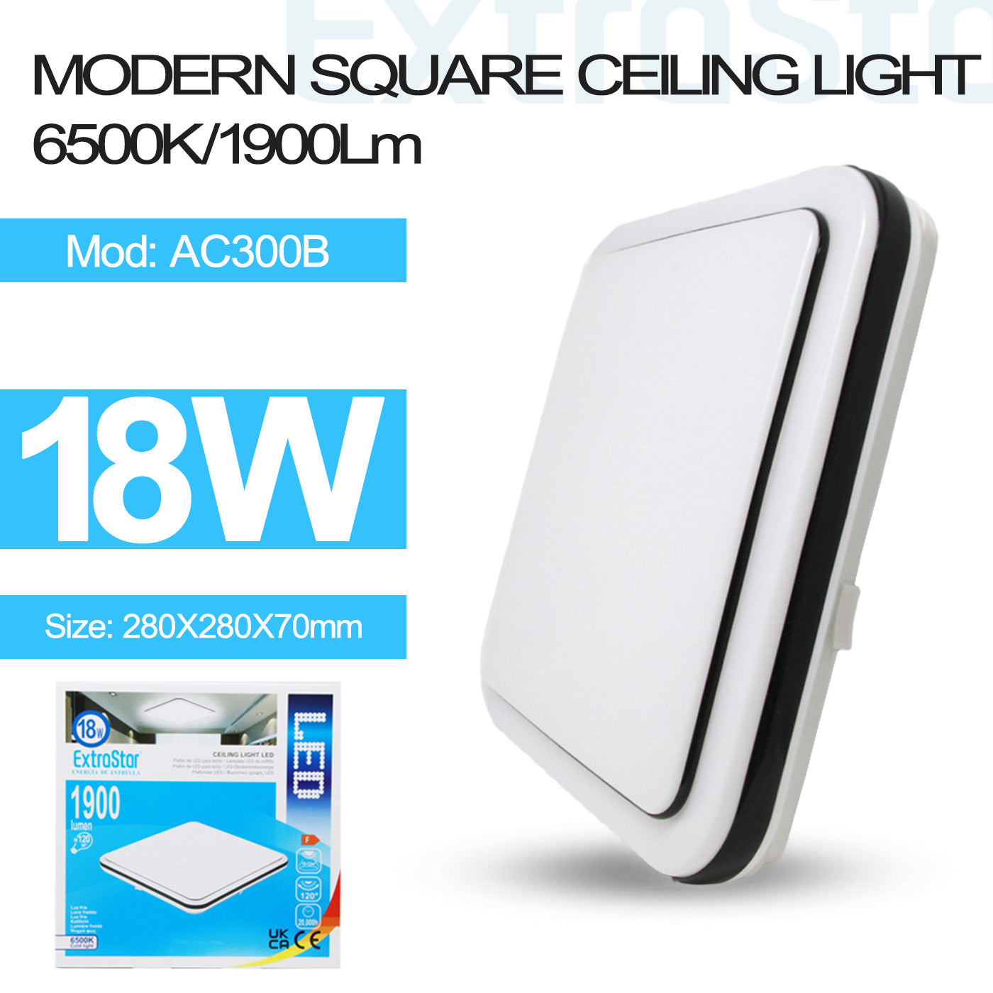 ExtraStar 18W LED Square Ceiling Light, Black Edge, 6500K, 1950 Lumen, Model: AC300B