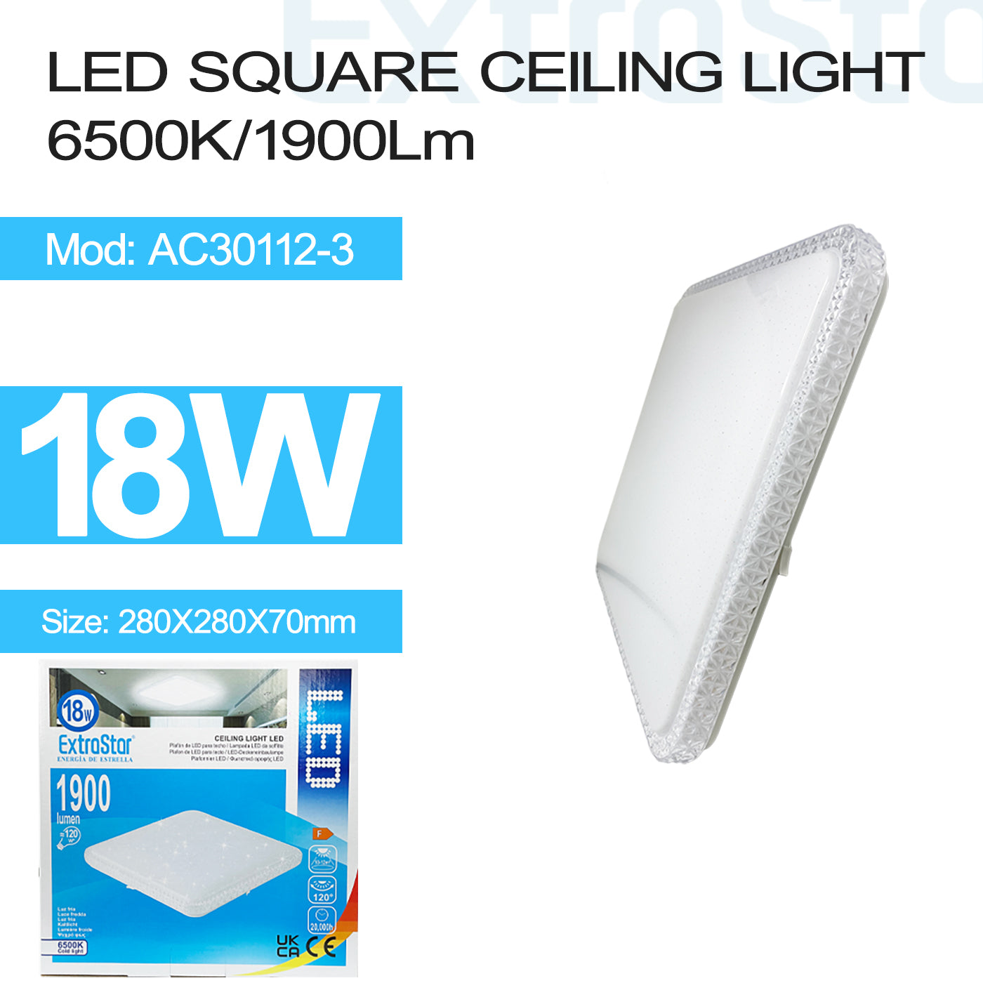 ExtraStar 18W LED Square Ceiling Light 6500K, 1900 Lumen, Model: AC30112-3