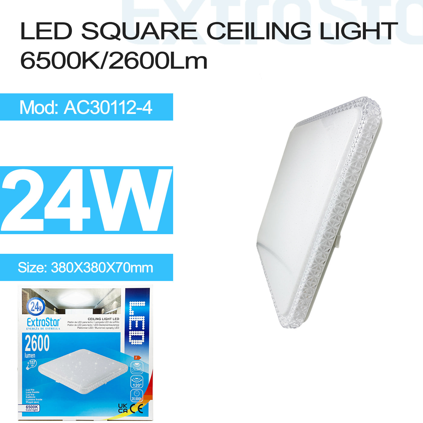 ExtraStar 24W LED Square Ceiling Light 6500K, 2600 Lumen, Model: AC30112-4