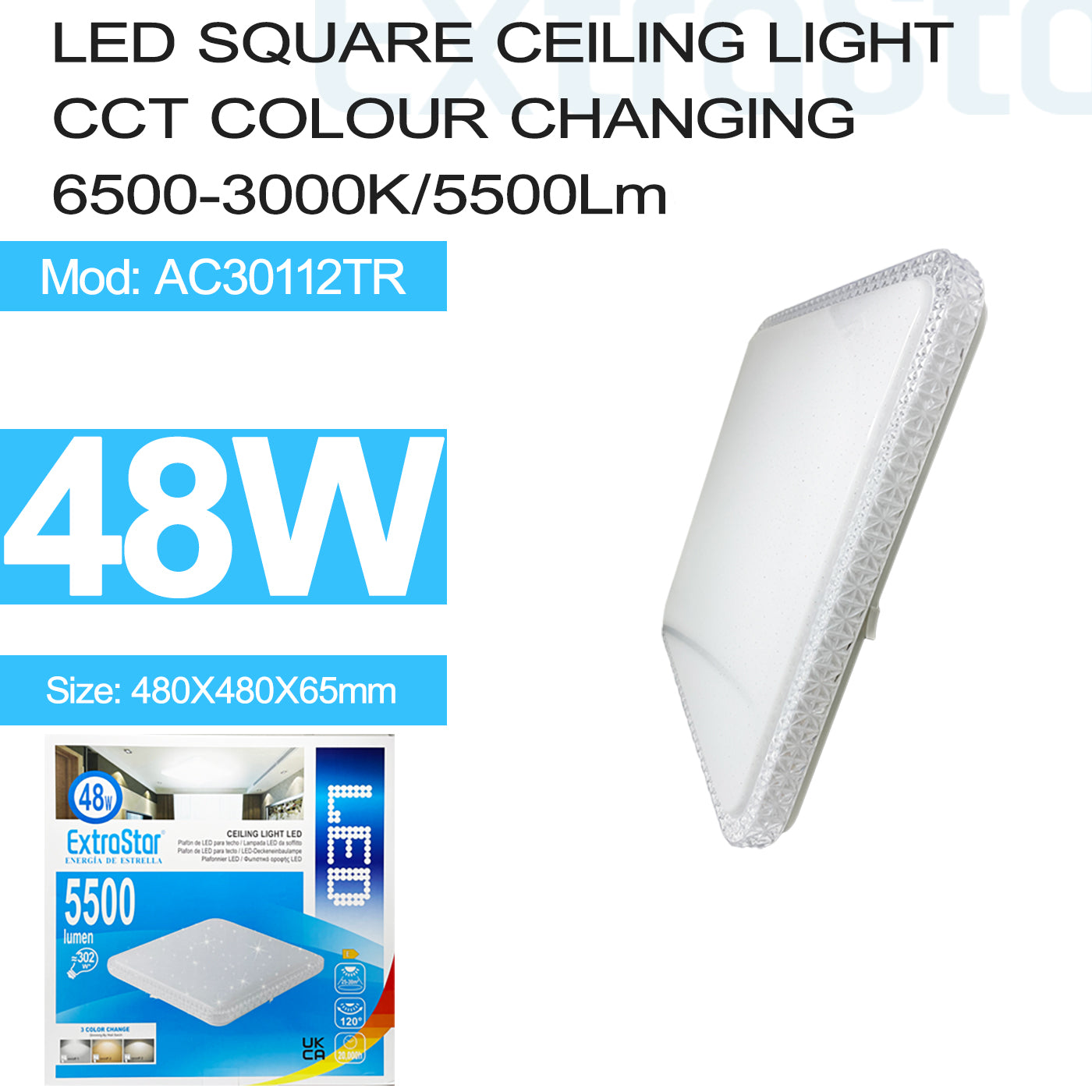 ExtraStar 48W LED Square Ceiling Light CCT Color Changing 6500K-3000K 3 in 1, 5500 Lumen, Model: AC30112TR