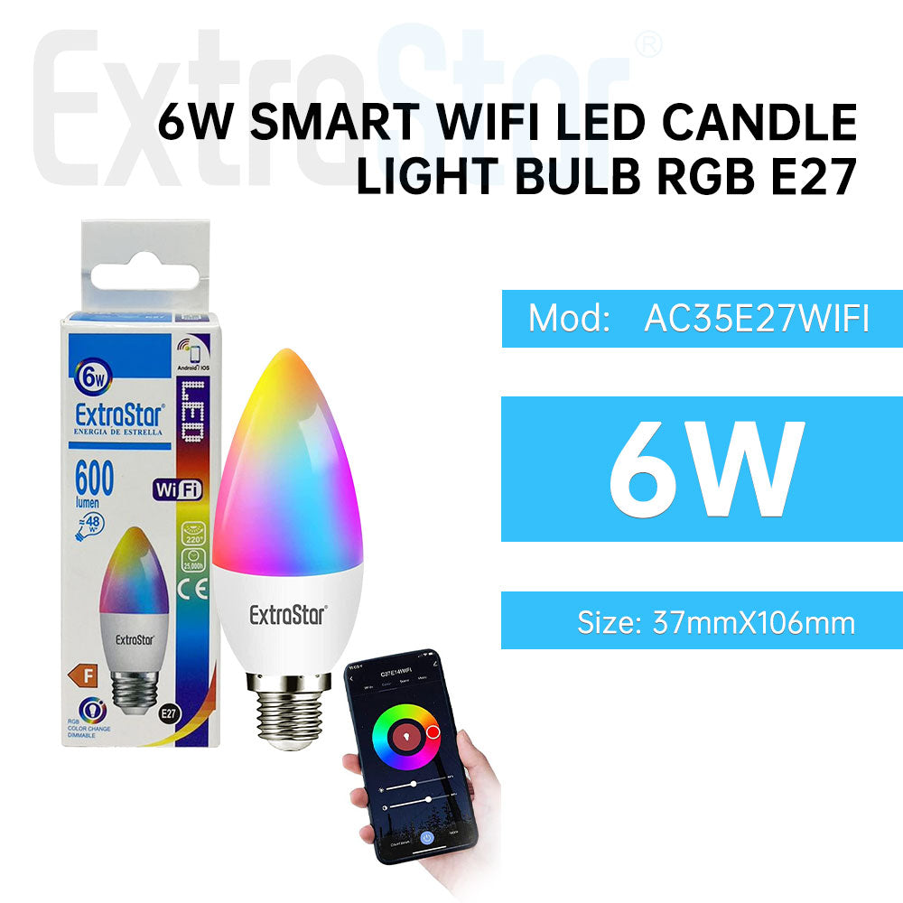 ExtraStar 6W Smart Wifi LED Candle Light Bulb RGB E27, Pack of 2, Model: AC35E27WIFI