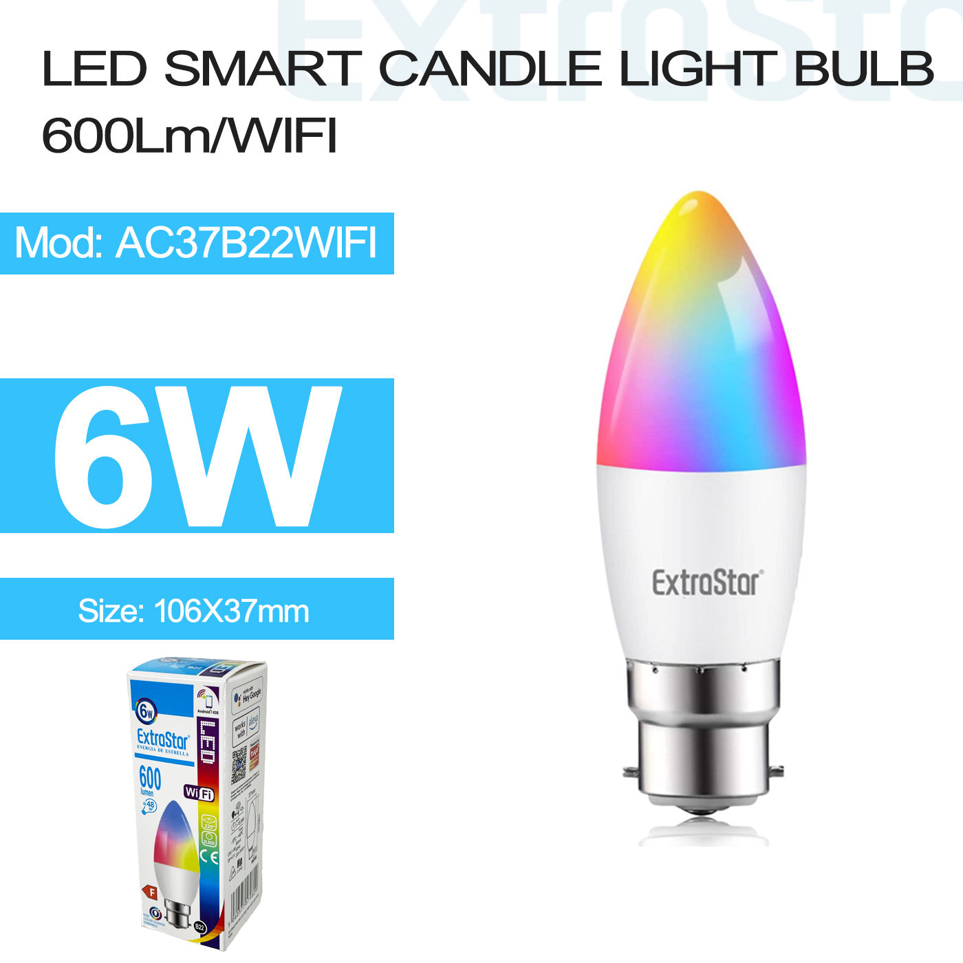 ExtarStar 6W LED Smart Candle Light Bulb B22 WIFI, Model: AC37B22WIFI