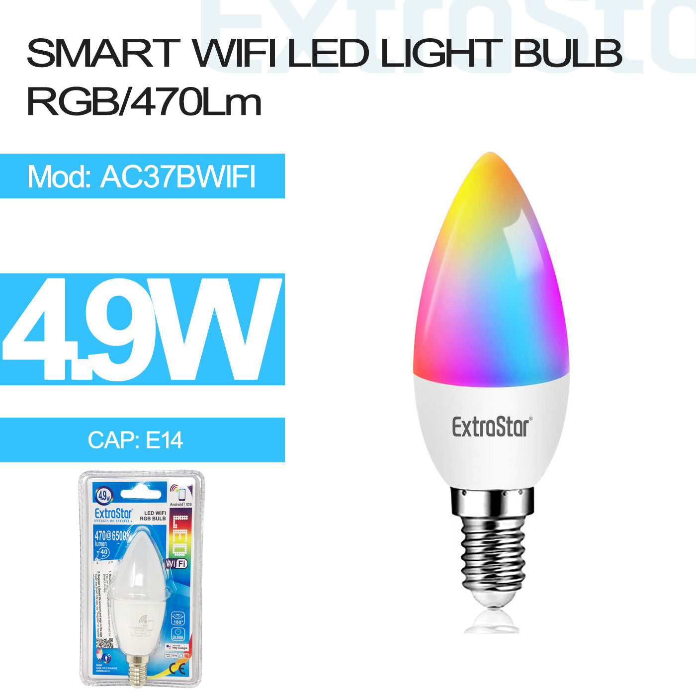 ExtraStar 4.9W Smart LED Candle Light Bulb RGB E14, Model: AC37BWIFI