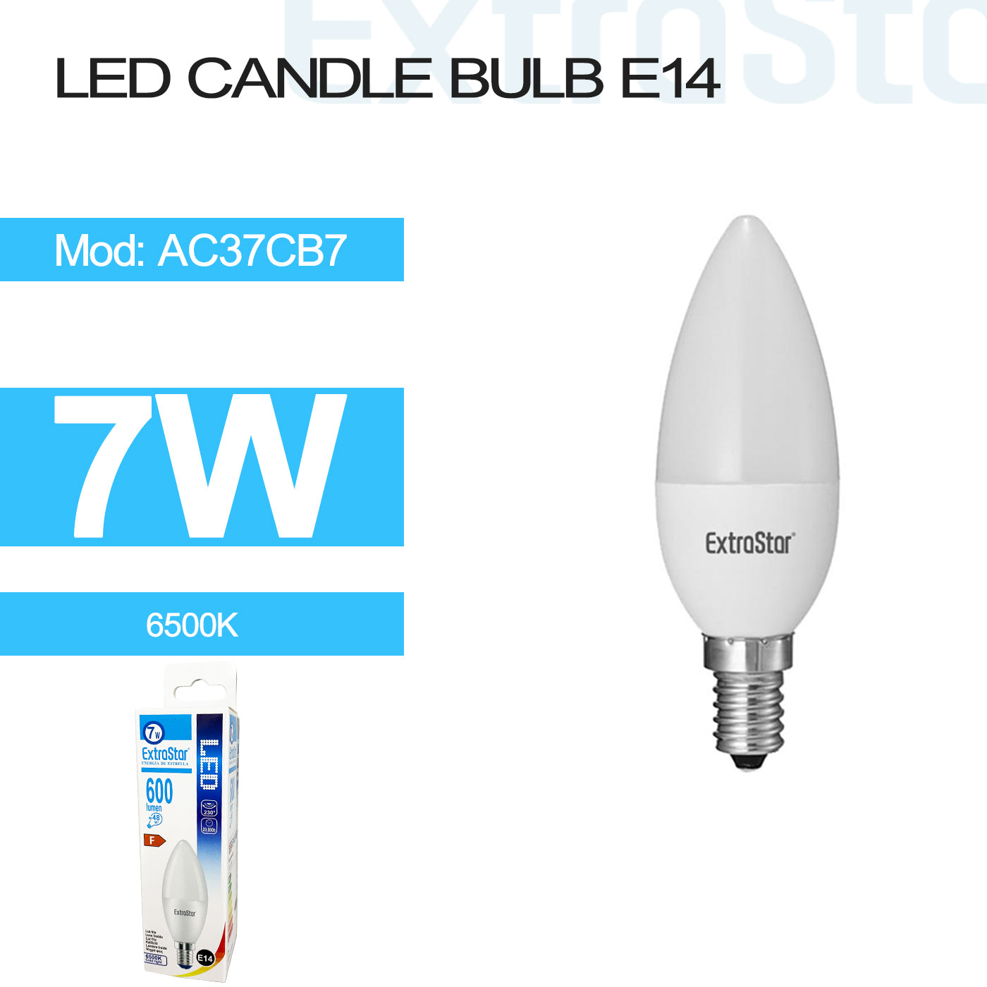 ExtraStar 7W LED Candle Bulb E14, 6500K, Paper Pack, Model: AC37CB7