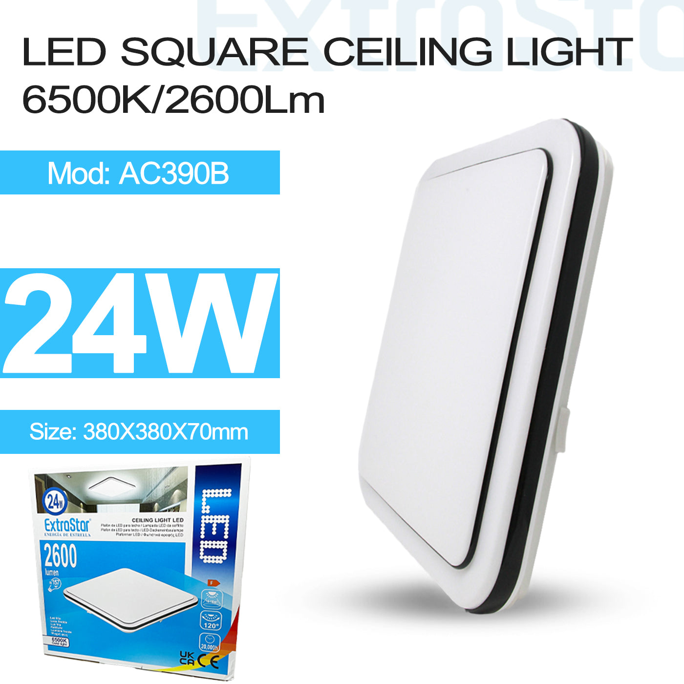 ExtraStar 24W LED Square Ceiling Light 6500K, 2600 Lumen, Model: AC390B