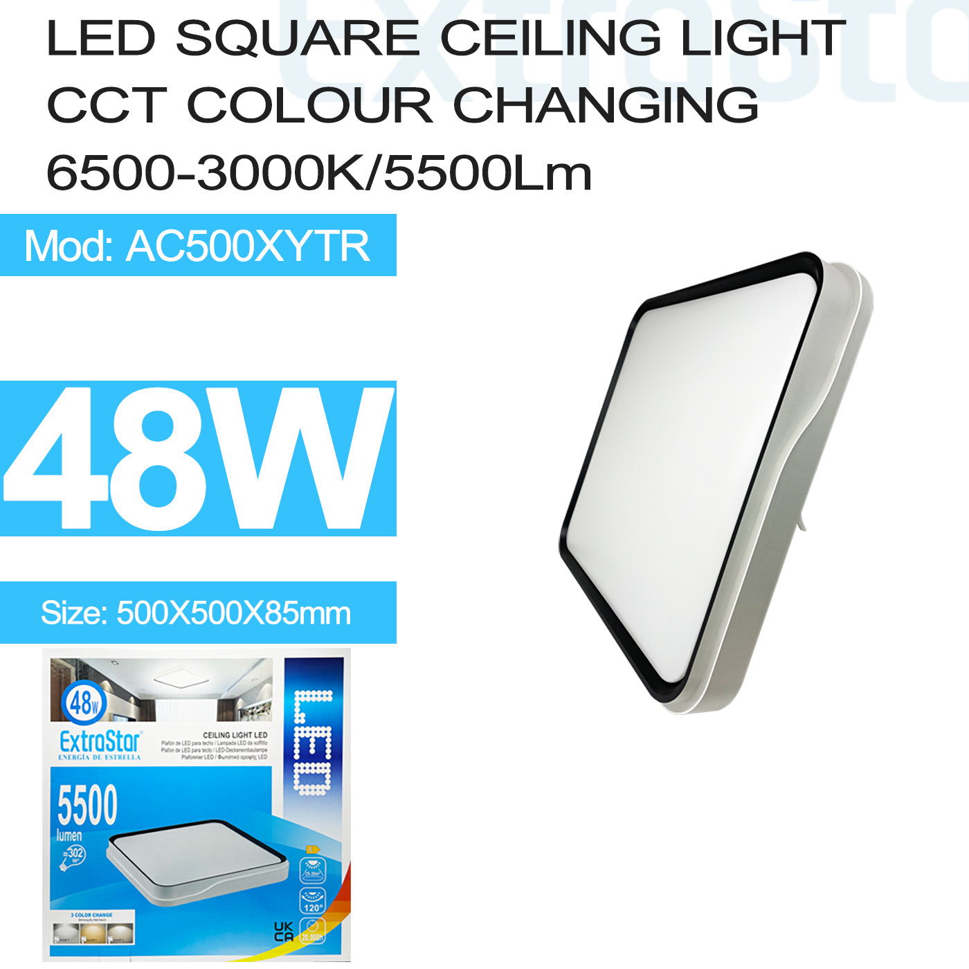 ExtraStar 48W LED Square Ceiling Light CCT Color Changing 6500K-3000K 3 in 1, 5500 Lumen, Model: AC500XYTR