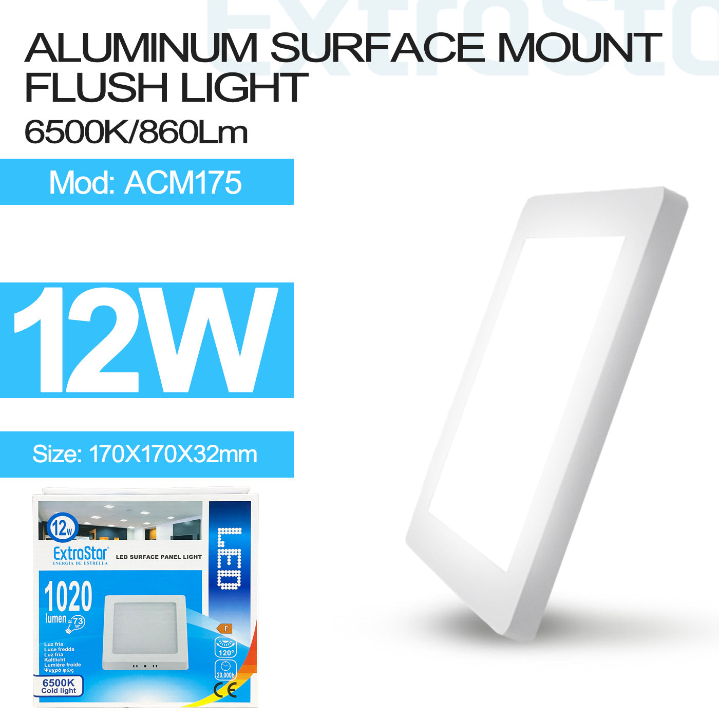 ExtraStar 12W LED Surface Panel Light, 6500k cool white light, Model: ACM175