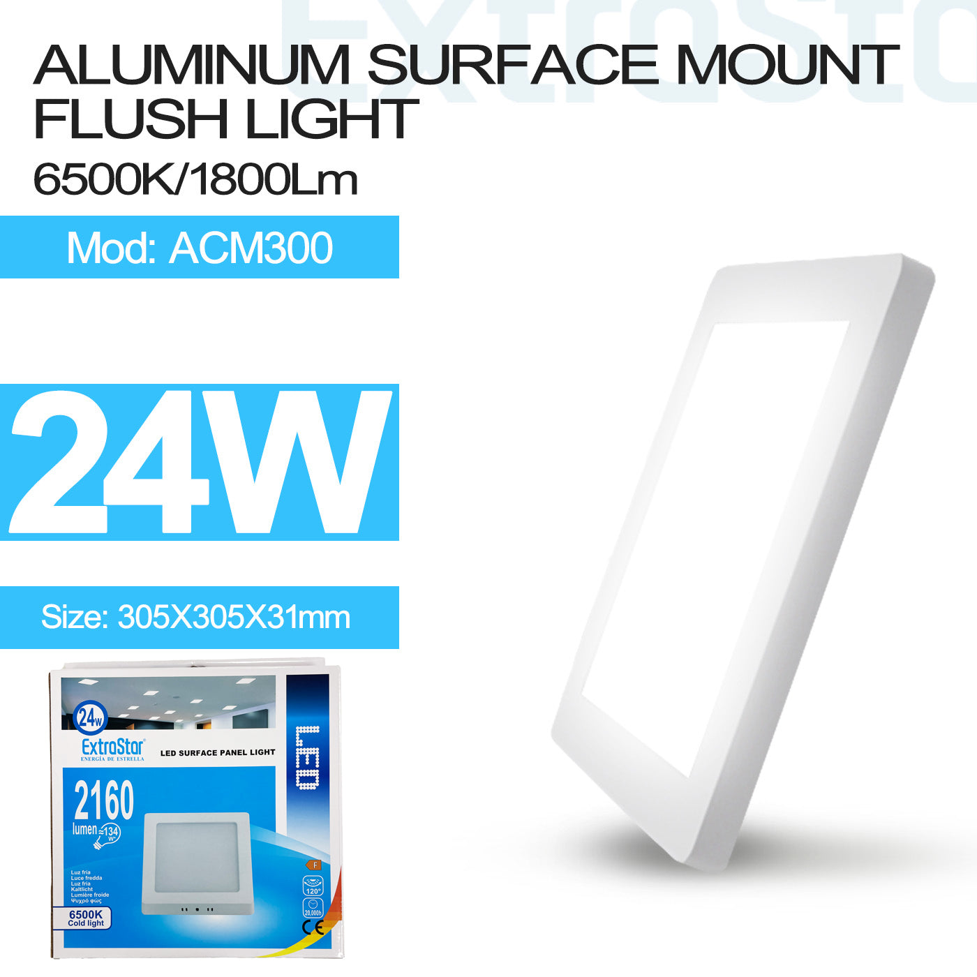 ExtraStar 24W LED Surface Panel Light, Square Shape, 6500K, Model: ACM300