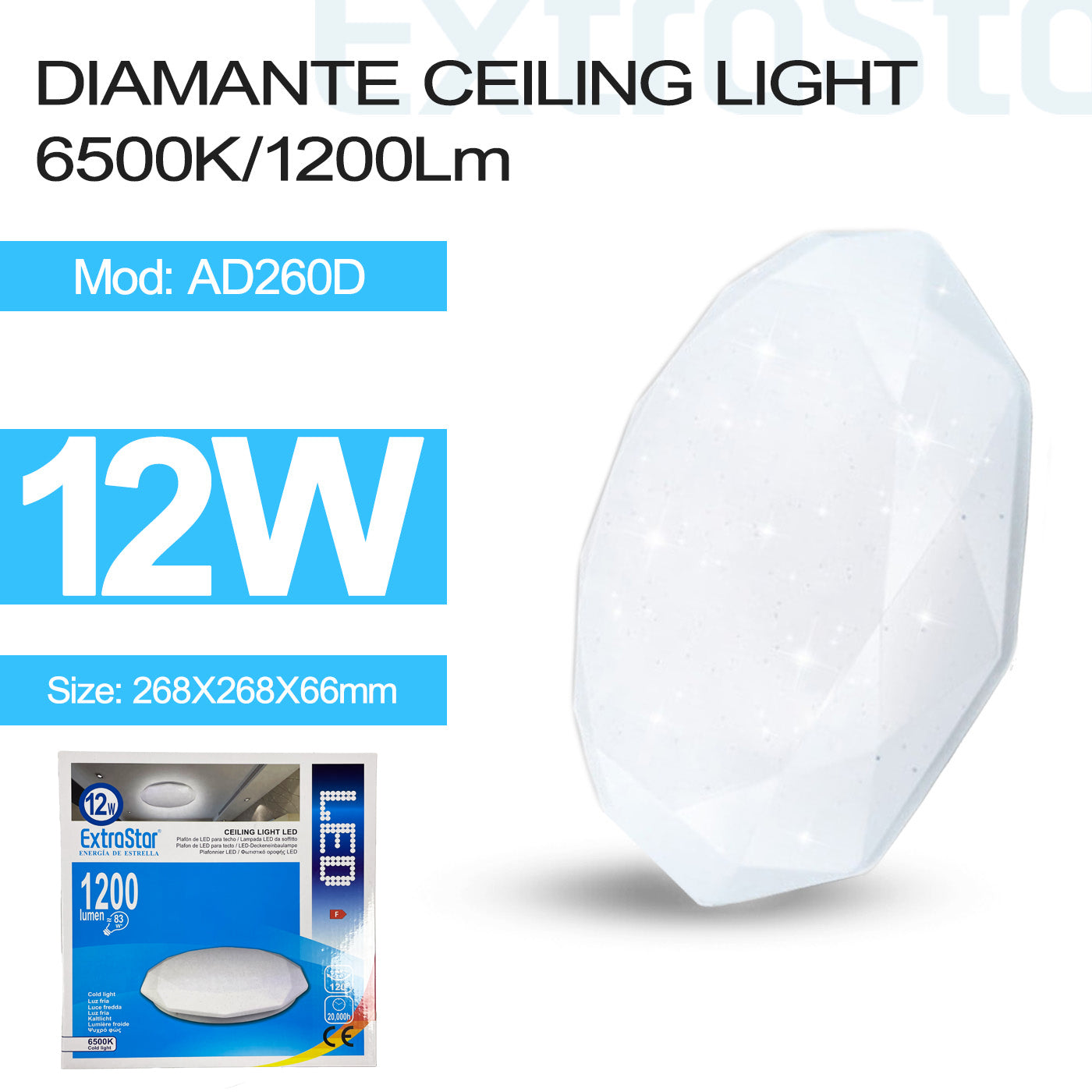 ExtraStar 12W LED Ceiling Light, 6500K, 1200Lm, Cool whilte, diamond shape, Model: AD260D