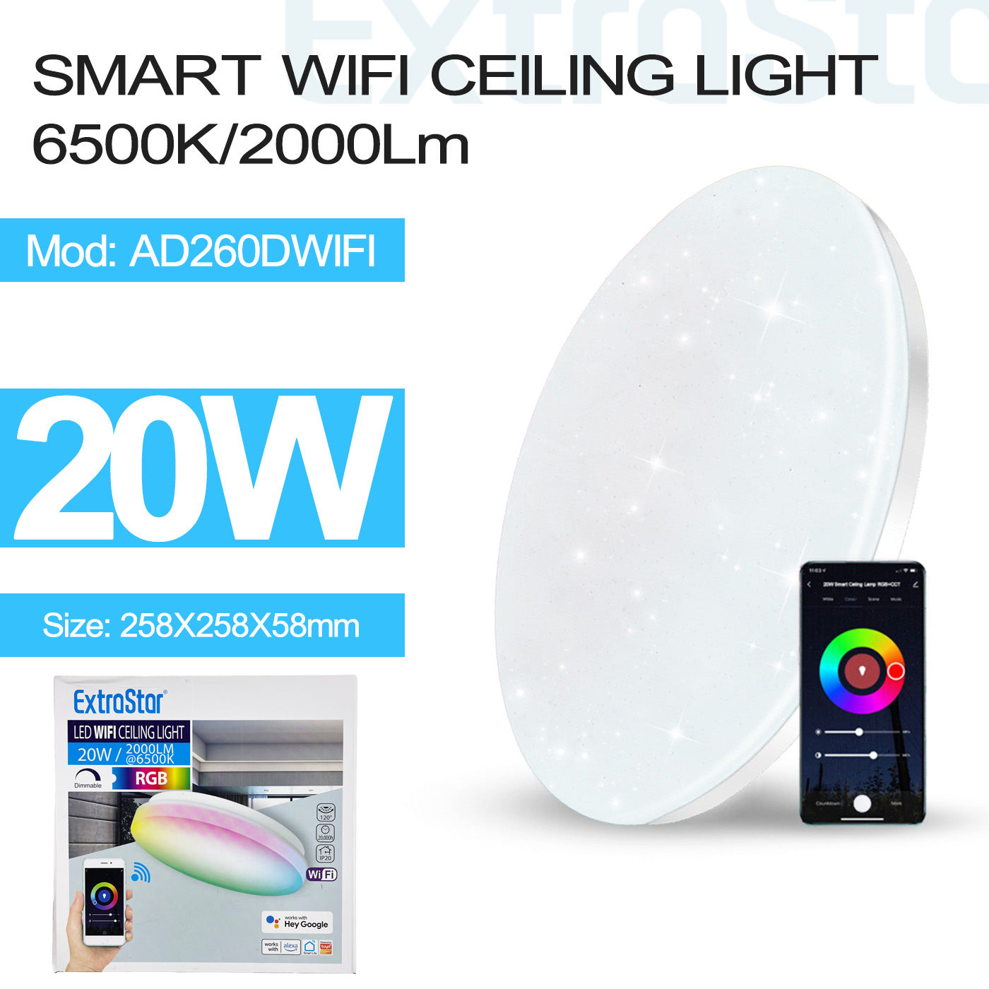 ExtraStar 20W LED Wifi Ceiling Light RGB, 2000Lm, Model: AD260DWIFI