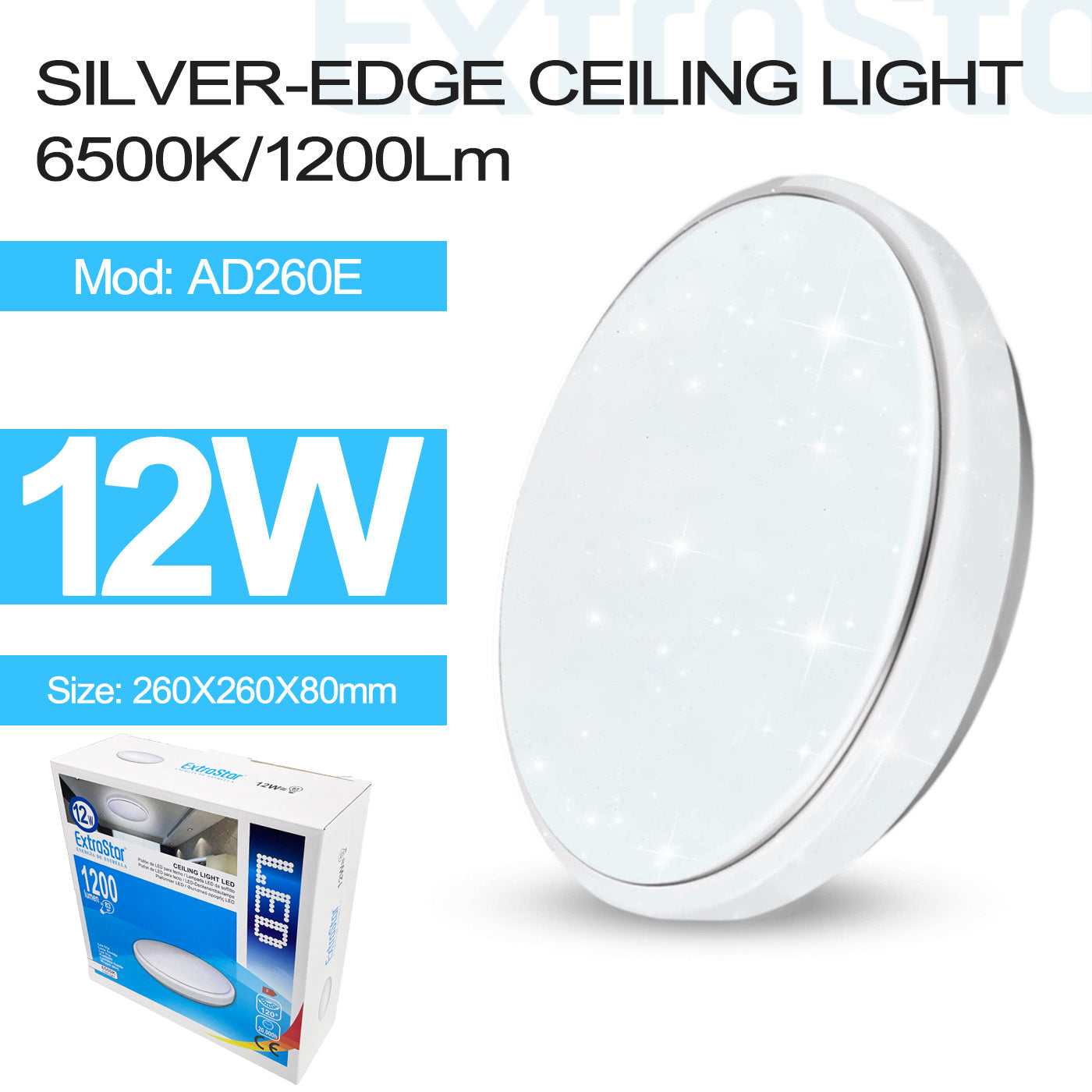 ExtraStar 12W LED Ceiling Light, 26cm, 6500K, Silver-edge design, Model: AD260E