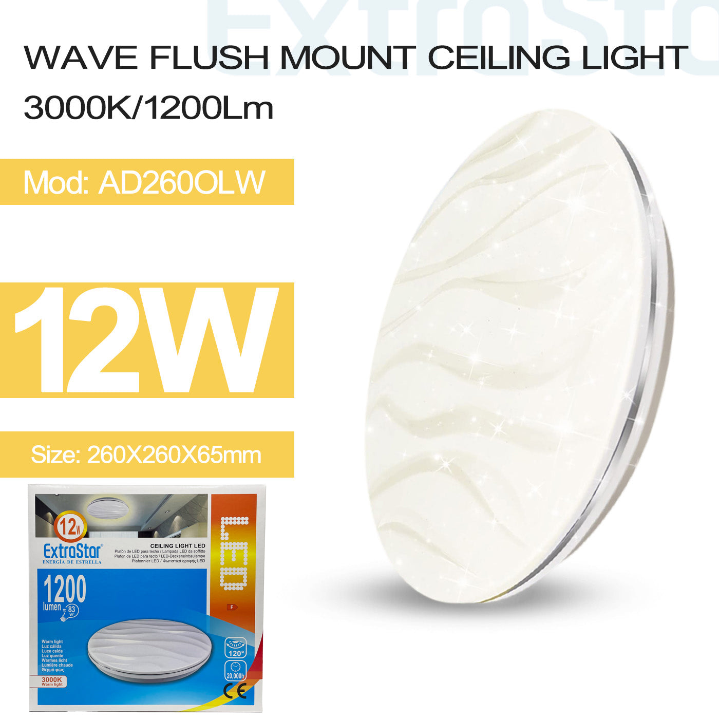 ExtraStar 12W LED Ceiling Light, 26cm, 3000K, Model: AD260OLW