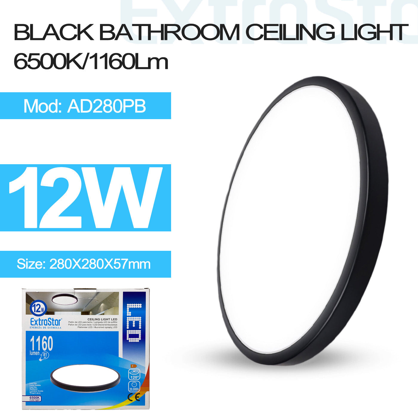 ExtraStar 12W LED Ceiling Light, IP54 28cm, 6500K, Black, Model: AD280PB