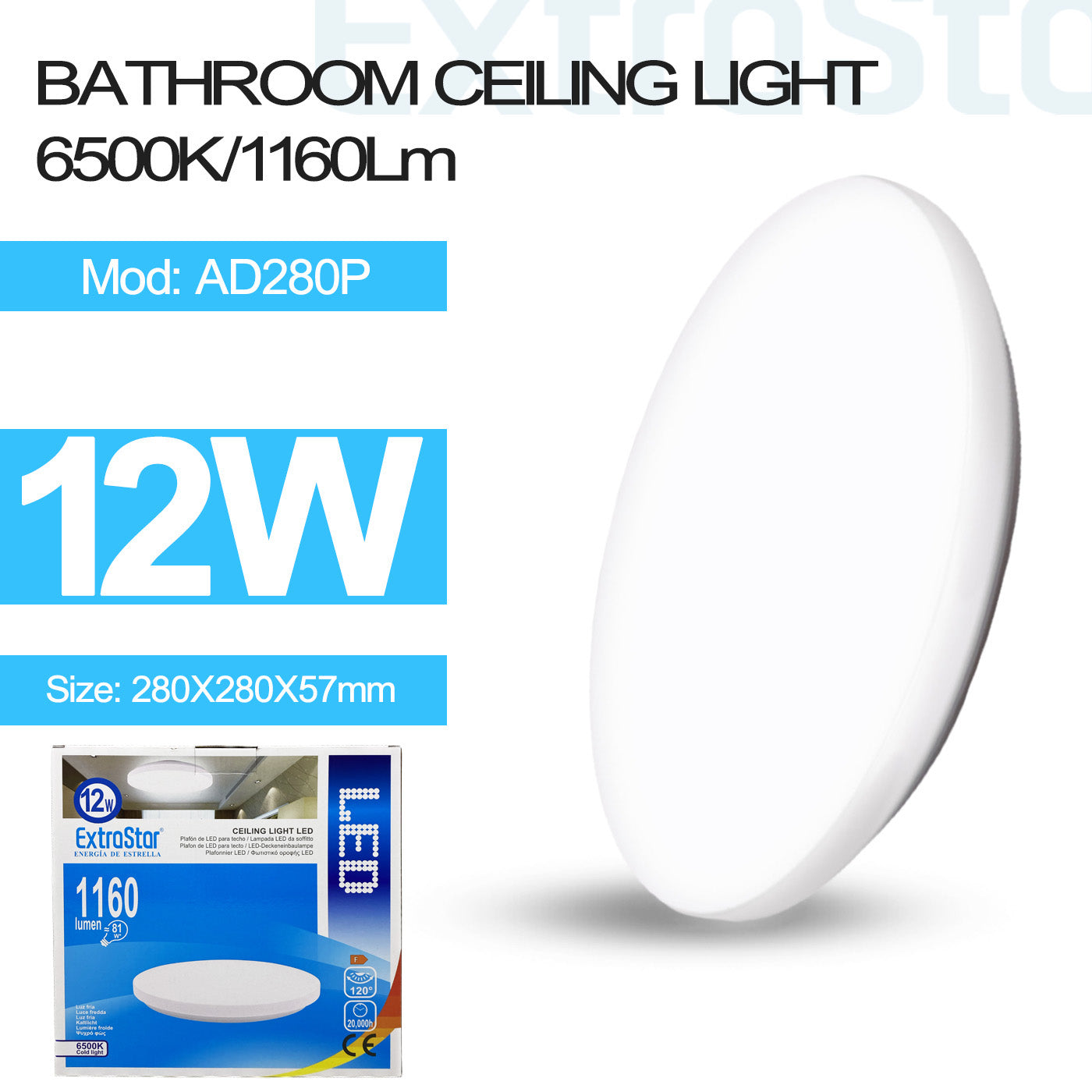 12W LED Ceiling Light, IP54, for bathrooms, 28cm, 6500K, White, Model: AD280P