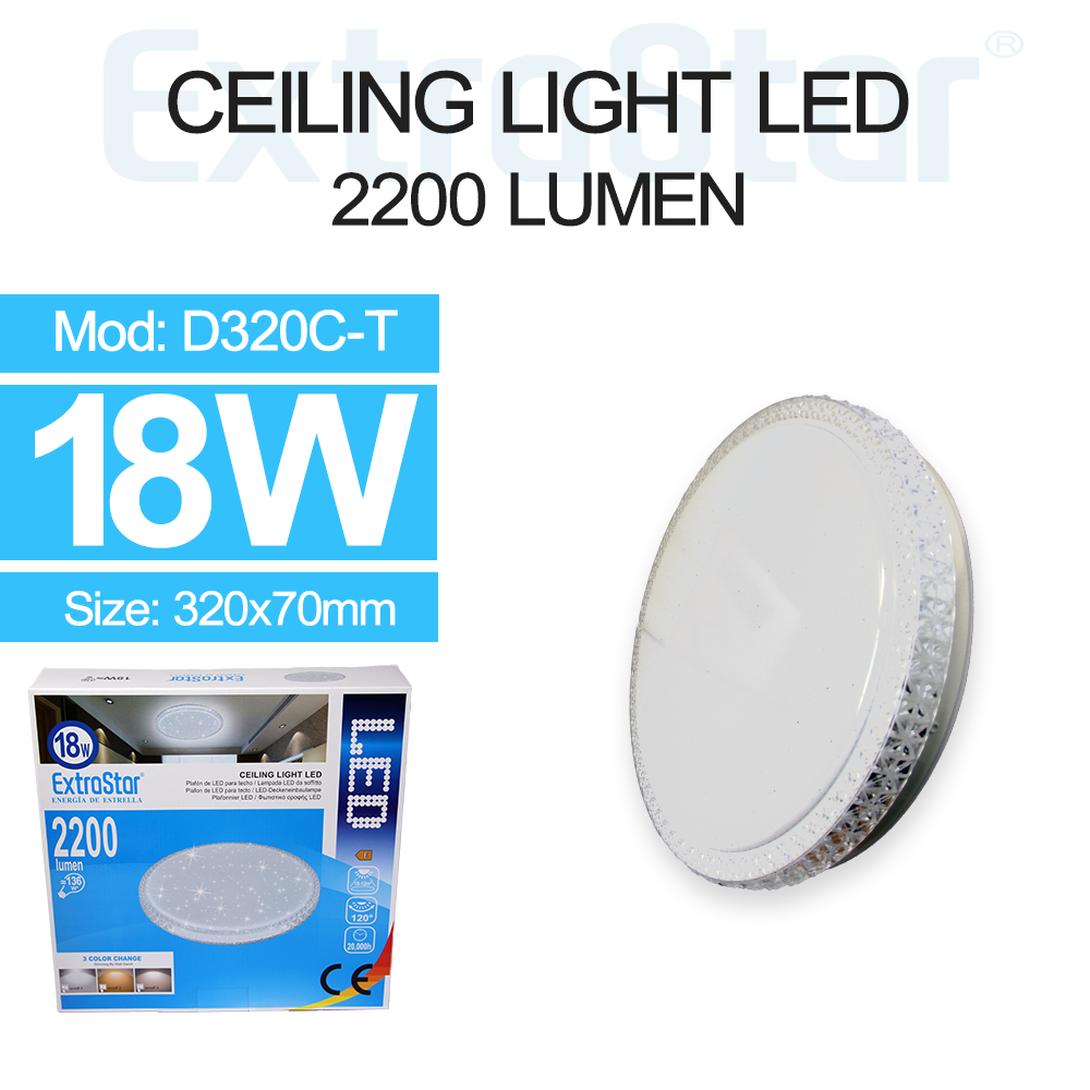 ExtraStar 18W LED Round Ceiling Light CCT Color Changing 6500K-3000K 3 in 1, 2200 Lumen, Model: AD320C-T