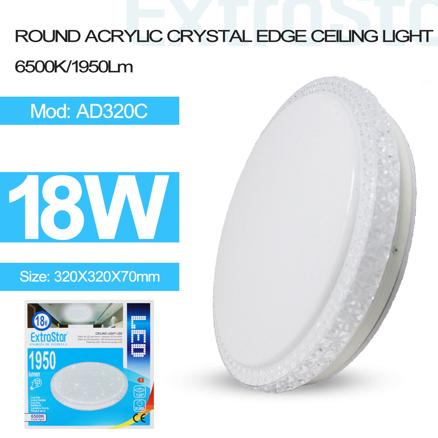 ExtraStar 18W LED Ceiling Light 6500K, 1950 Lumen, Acrylic crystal edge, Model: AD320C